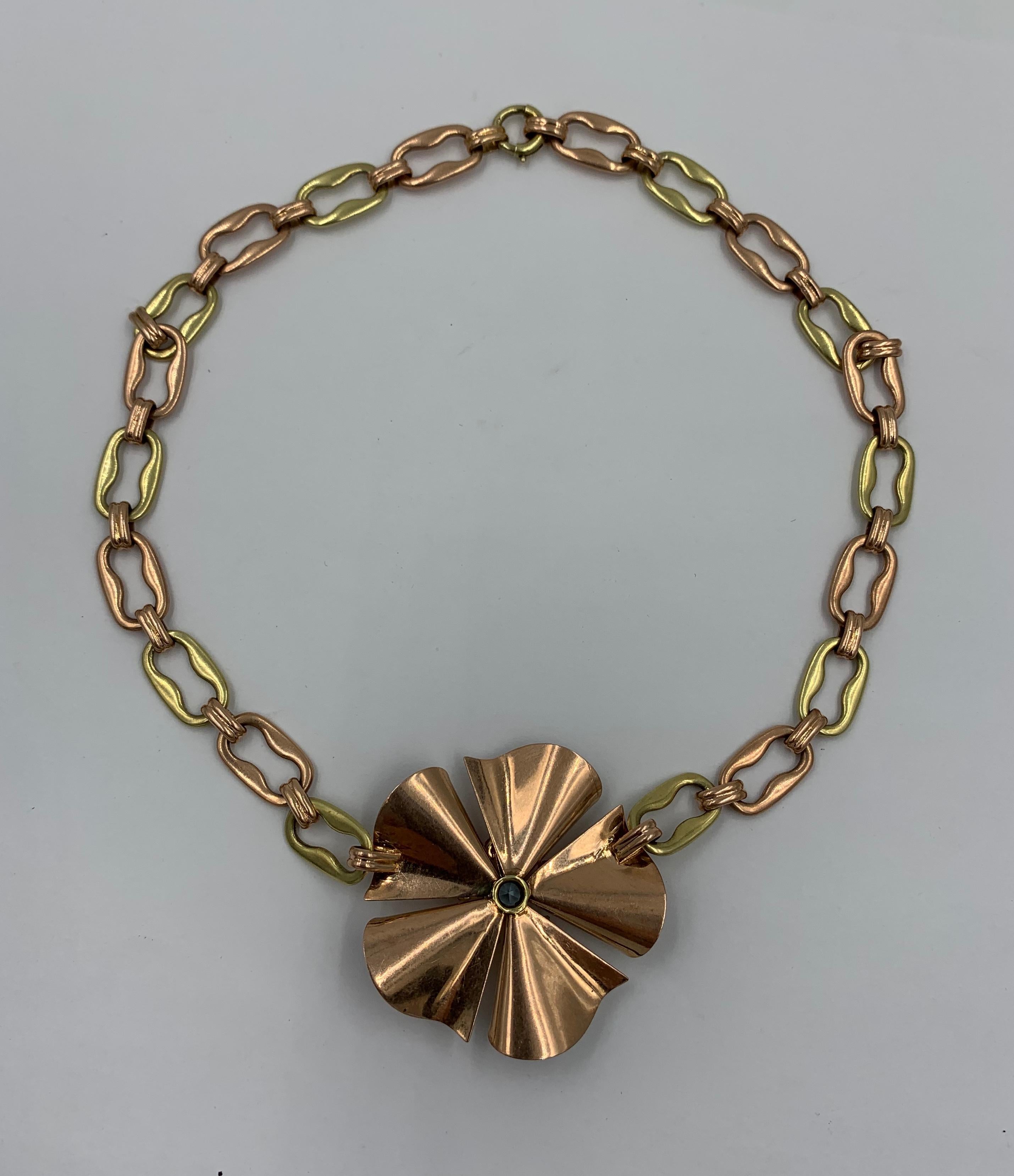 Retro Aquamarin-Rubin-Blumen-Halskette 14 Karat Gold Mid-Century Modern im Angebot 4