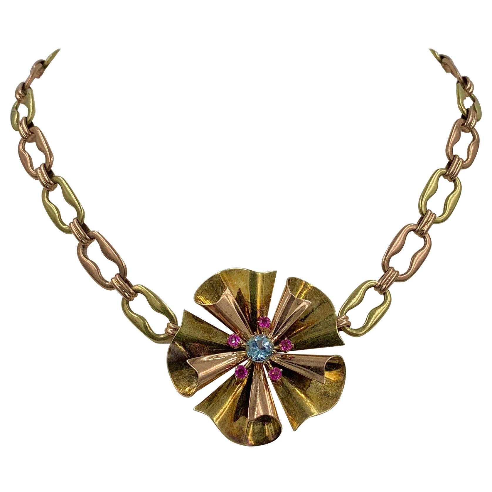 Collier rétro à fleurs en aigue-marine, rubis et or 14 carats, style mi-siècle moderne en vente