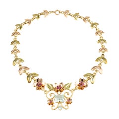 Retro Aquamarine Ruby Pink Gold Link Necklace