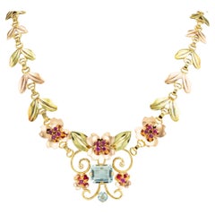 Retro Aquamarine Ruby Pink Gold Link Necklace