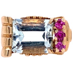 Retro Aquamarine Ruby Rose Gold Vintage Ring