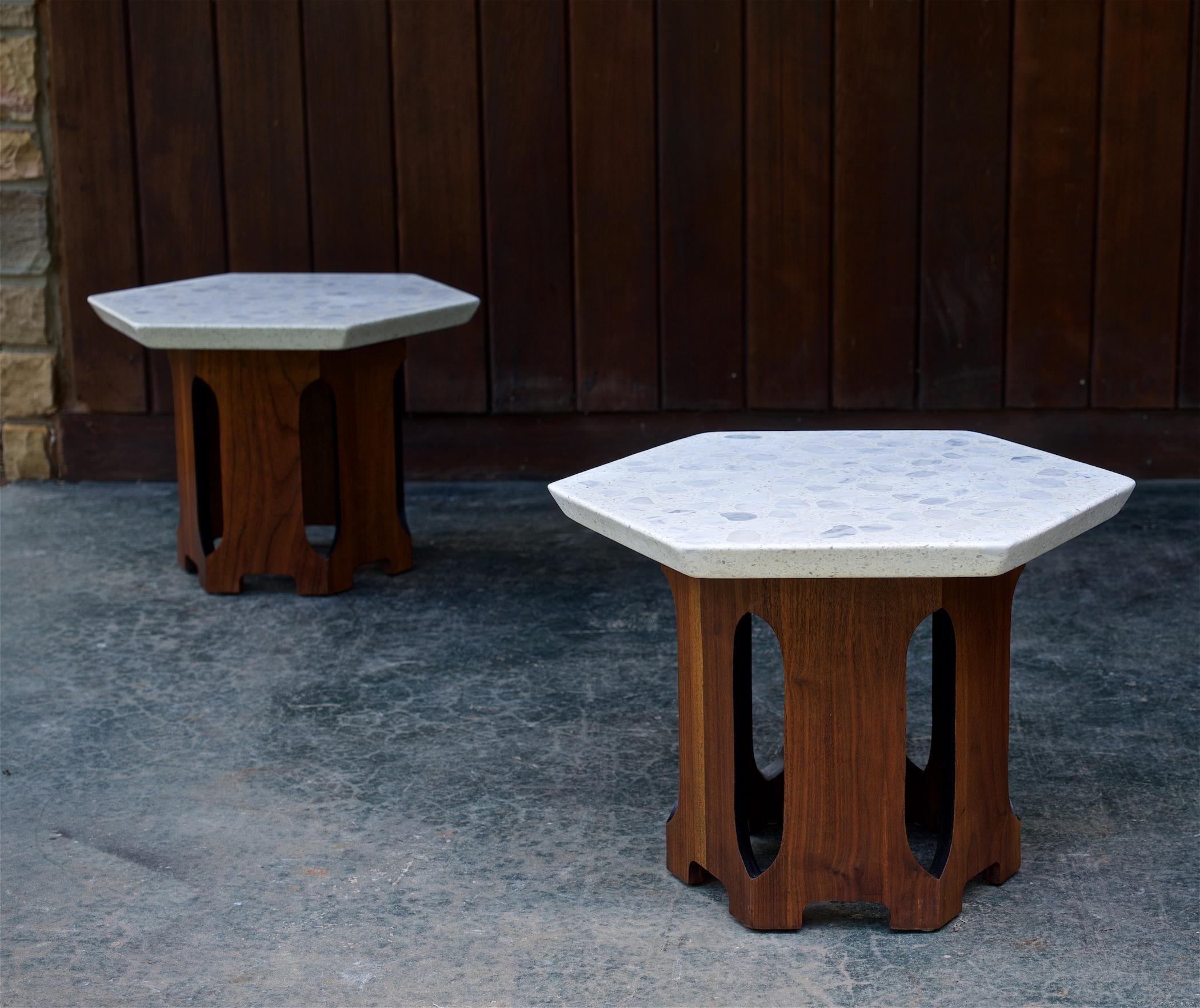 Polished Retro Architects Terrazzo Geometric Stone Tables Walnut Cabin Modern Lautner