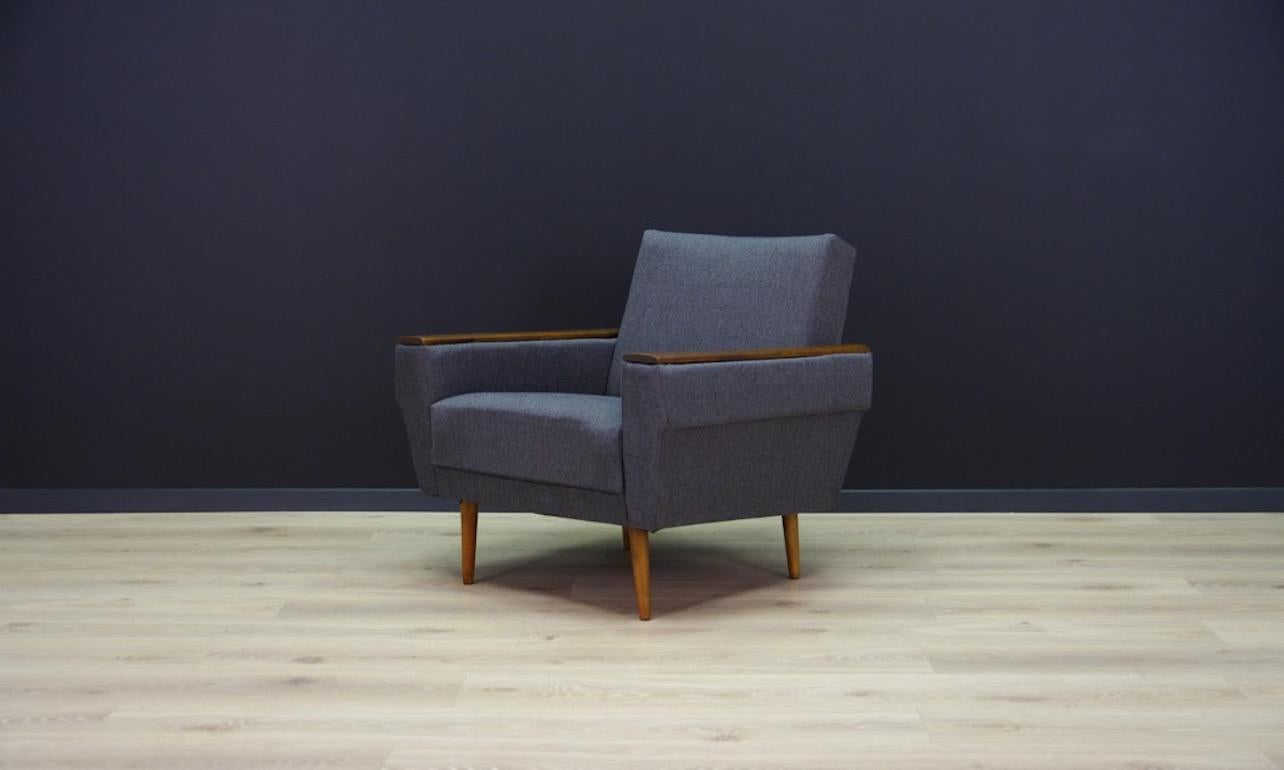 Retro armchairs from the 1960s-1970s, beautiful Minimalist form - Scandinavian design. Armchairs covered with new upholstery. Phenomenal beech armrests. Preserved in good condition (minor scratches on the armrests), directly for use.

Price for