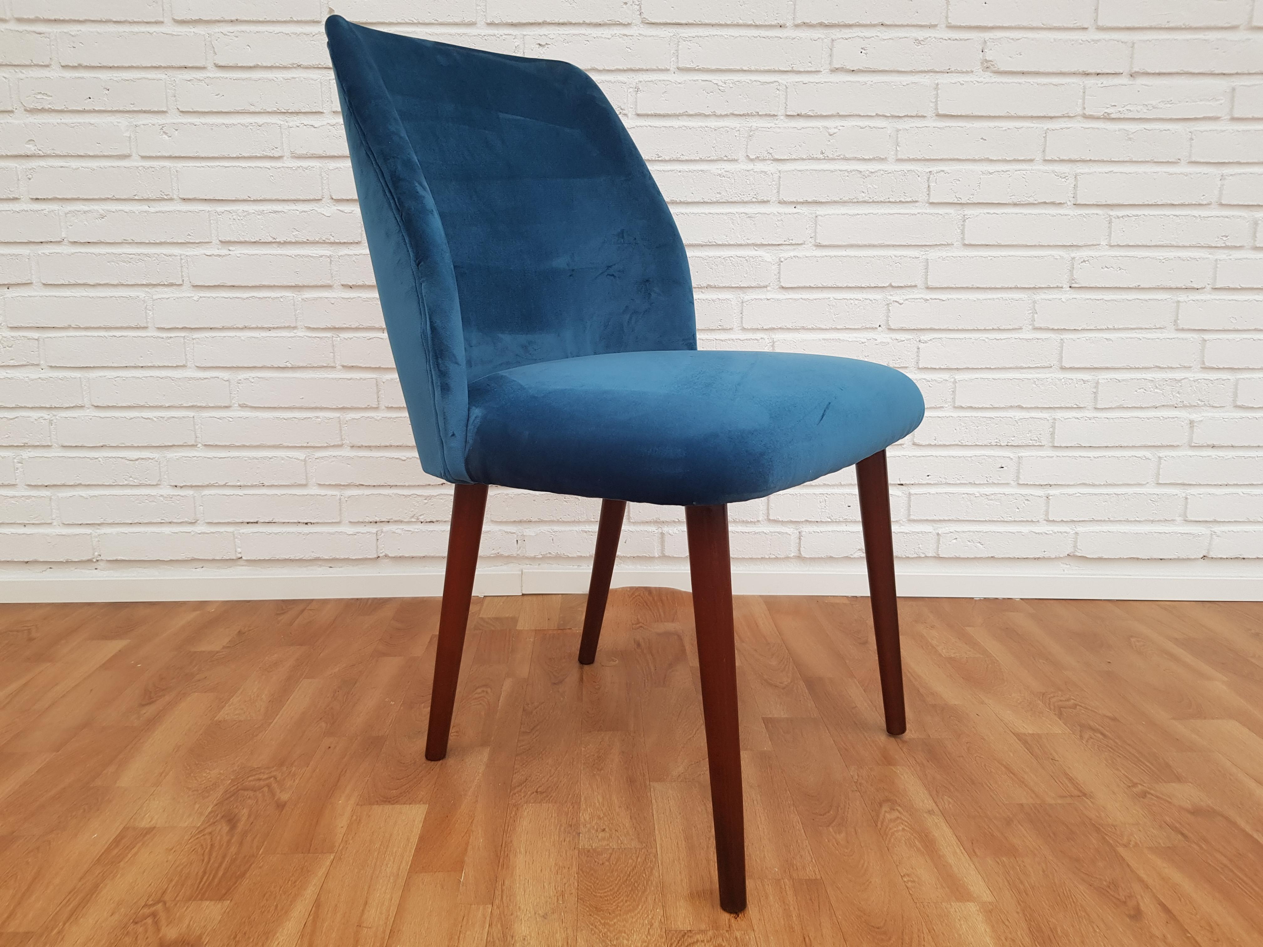Armchair, with stained beech legs. Produced circa 1960. New reupholstered in green/ blue velour and completely renovated (new foam, felt, cotton) by professional furniture upholsterer at Retro Møbler Galleri.