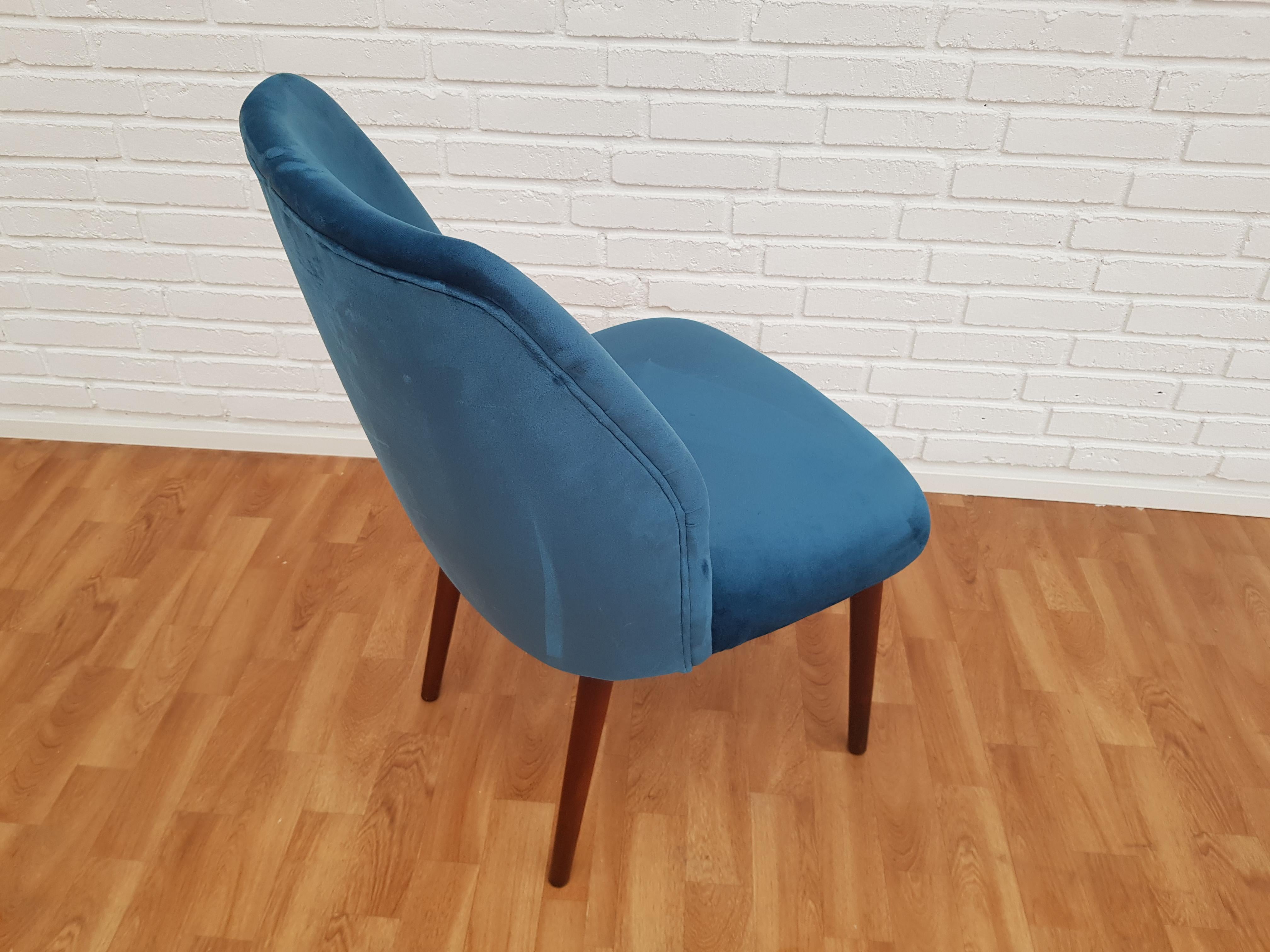 Danish Retro Armchair, Velour, Stained Beech Legs, 1960s, Completely Restored For Sale