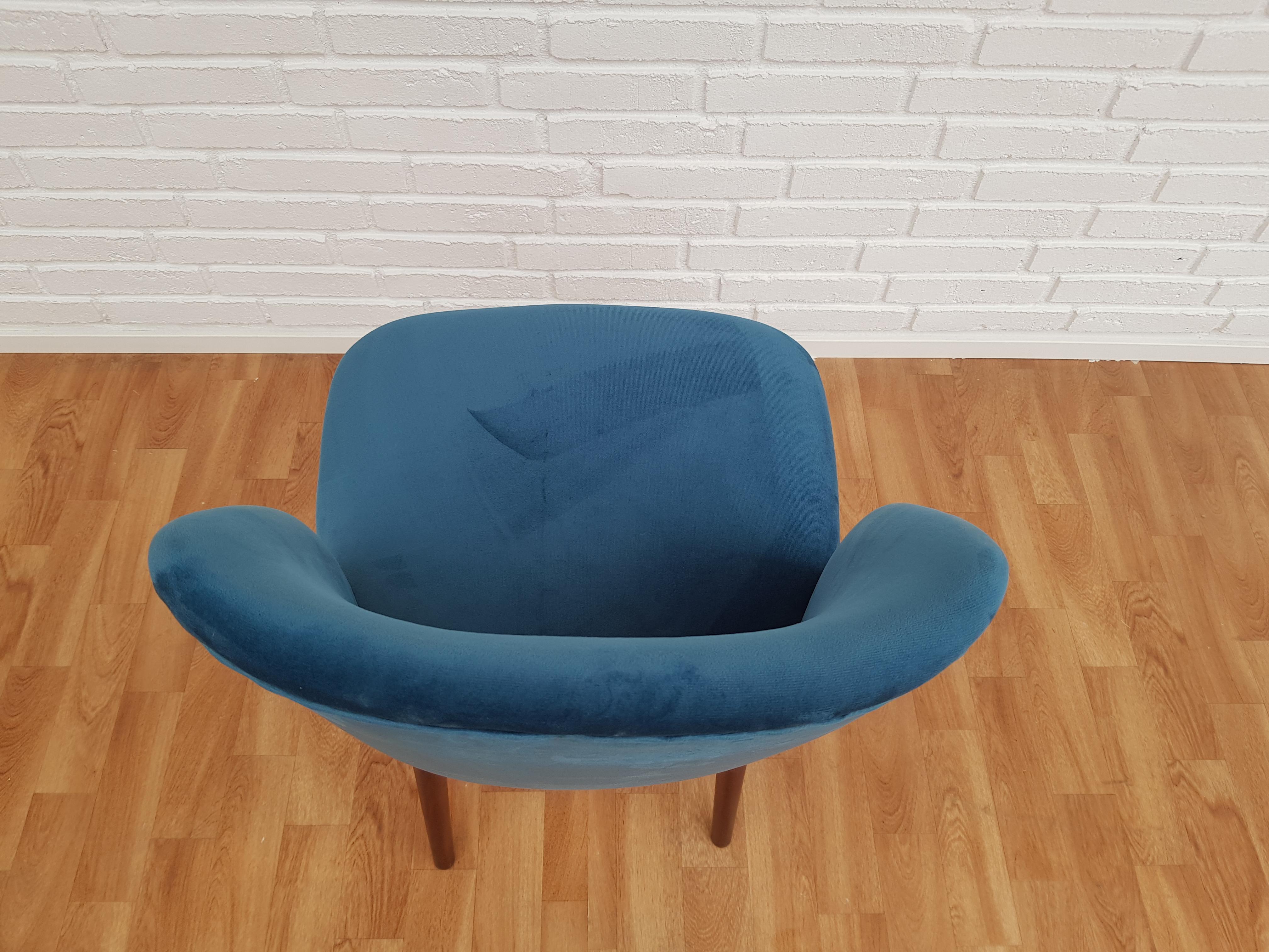 Retro Armchair, Velour, Stained Beech Legs, 1960s, Completely Restored For Sale 2