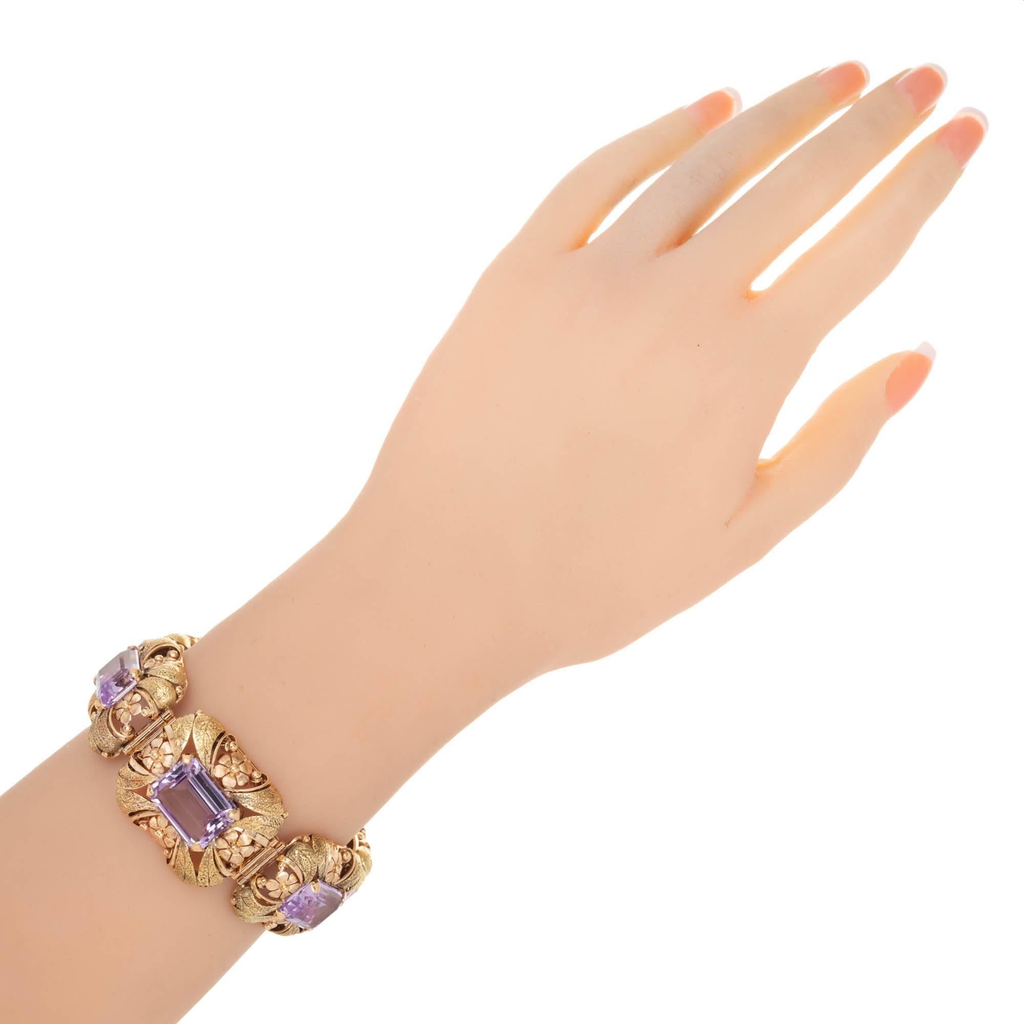 GIA Certified 70.00 Carat Amethyst Pink Green Gold Art Deco Bracelet In Good Condition In Stamford, CT