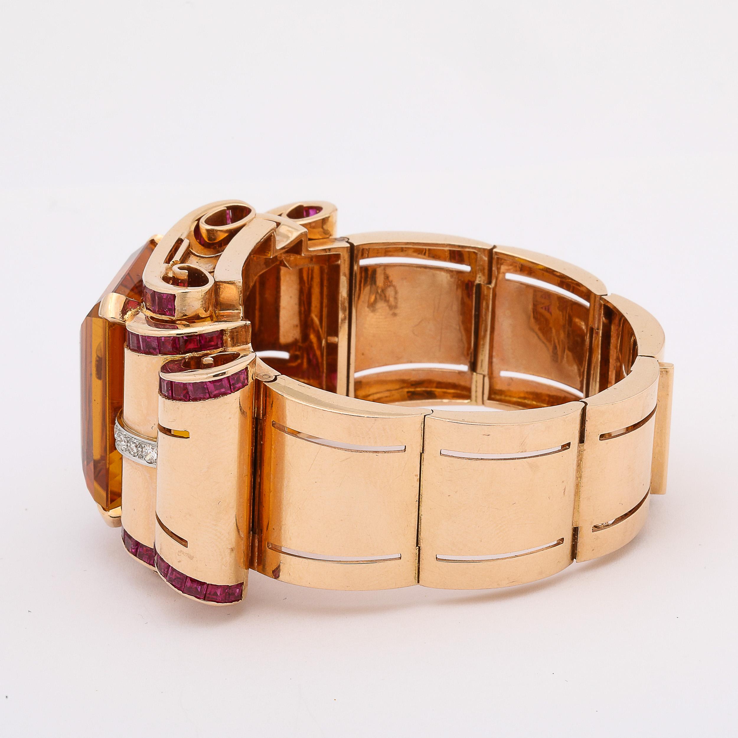 Retro Art Deco Cuff Bracelet in 14Karat Gold w/ Citrine, Rubies, and Diamonds For Sale 5