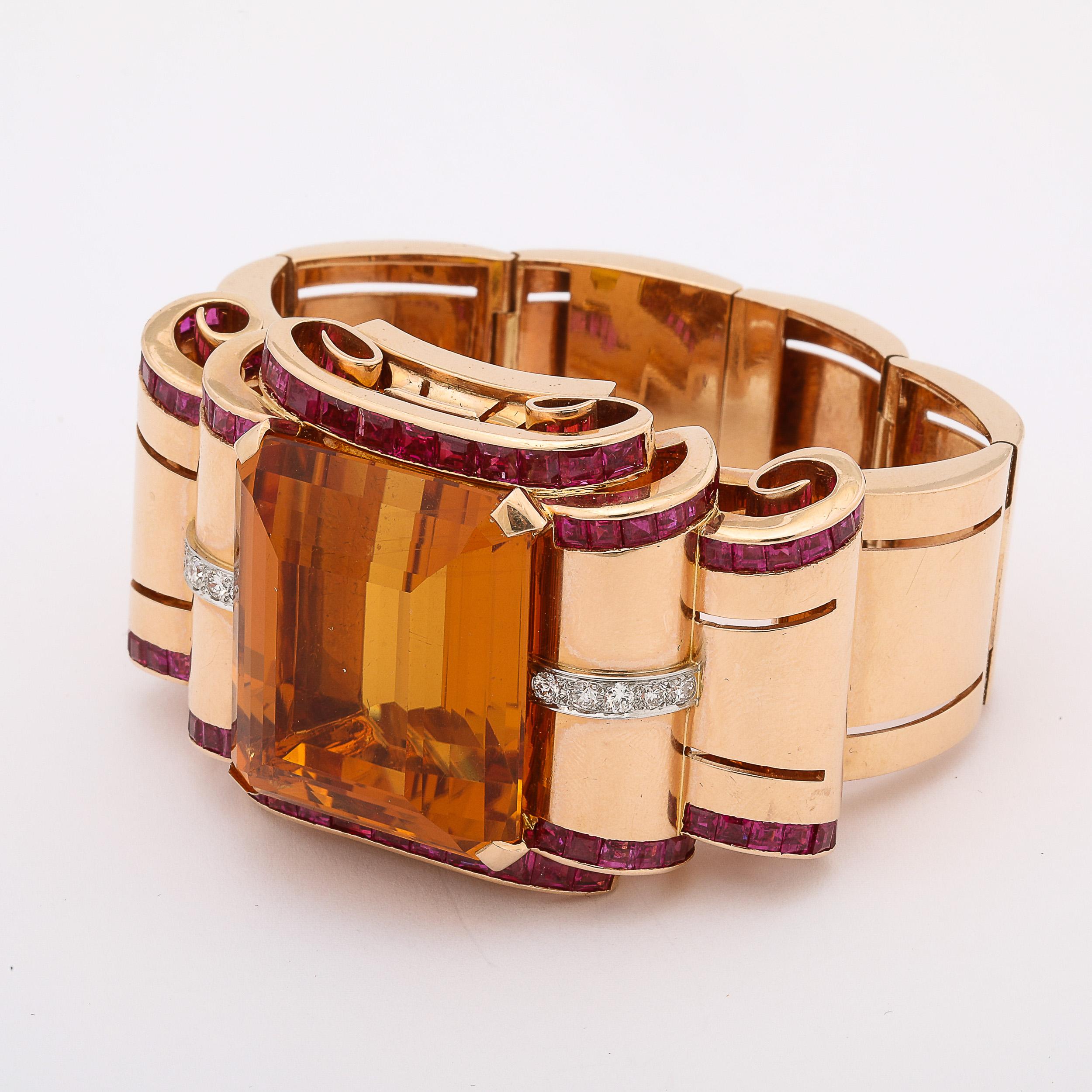 Retro Art Deco Cuff Bracelet in 14Karat Gold w/ Citrine, Rubies, and Diamonds For Sale 6