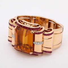 Bracelet manchette Art déco rétro en or 14 carats avec citrine, rubis et diamants