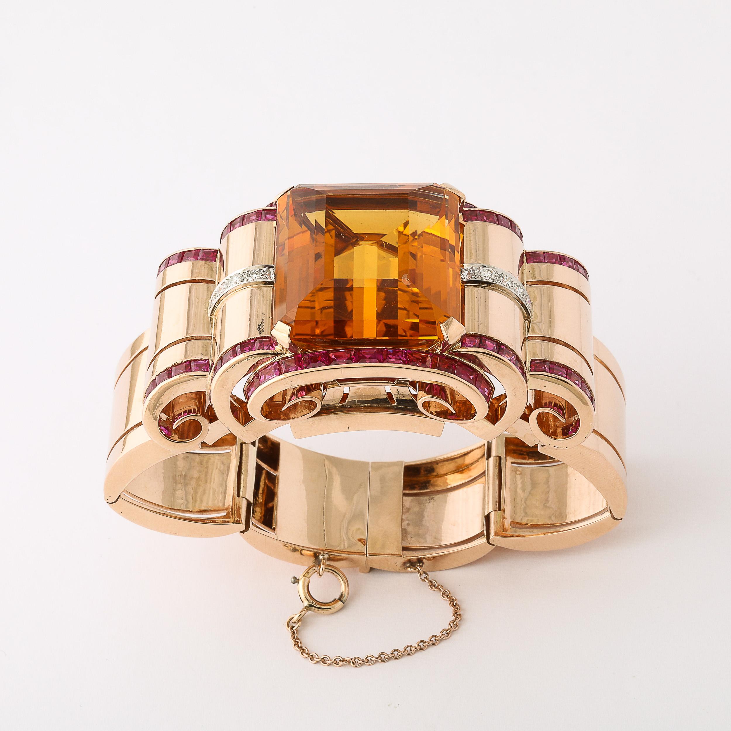 Bracciale retrò Art Deco in oro 14 carati con citrino, rubini e diamanti in vendita 5