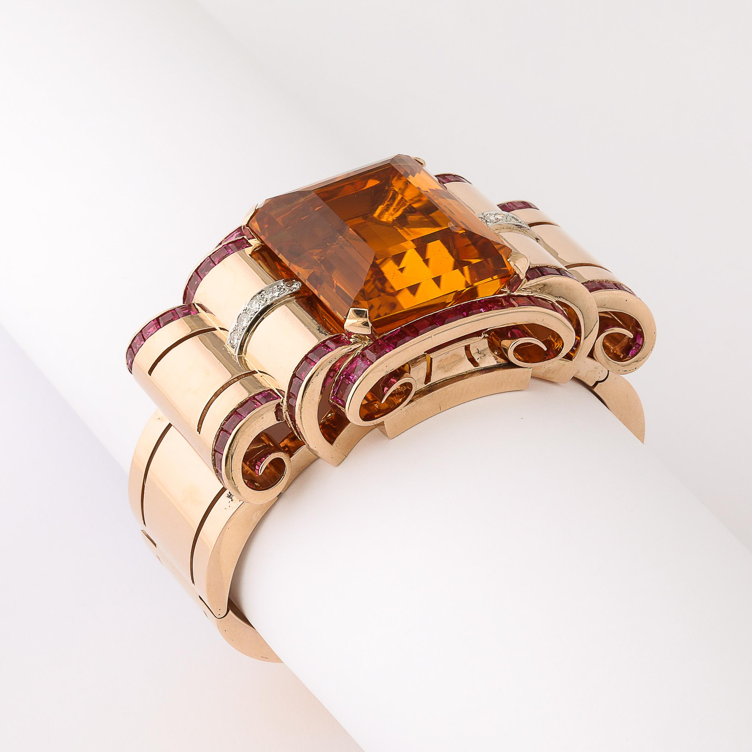 Bracciale retrò Art Deco in oro 14 carati con citrino, rubini e diamanti in vendita 6