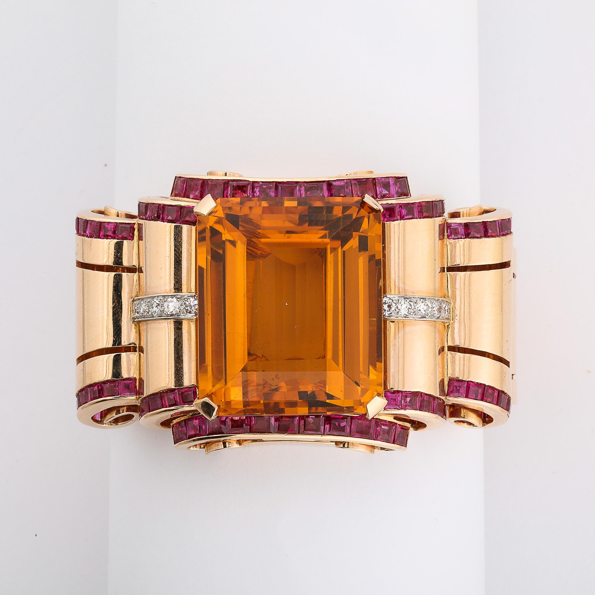 Retro Art Deco Cuff Bracelet in 14Karat Gold w/ Citrine, Rubies, and Diamonds For Sale 8