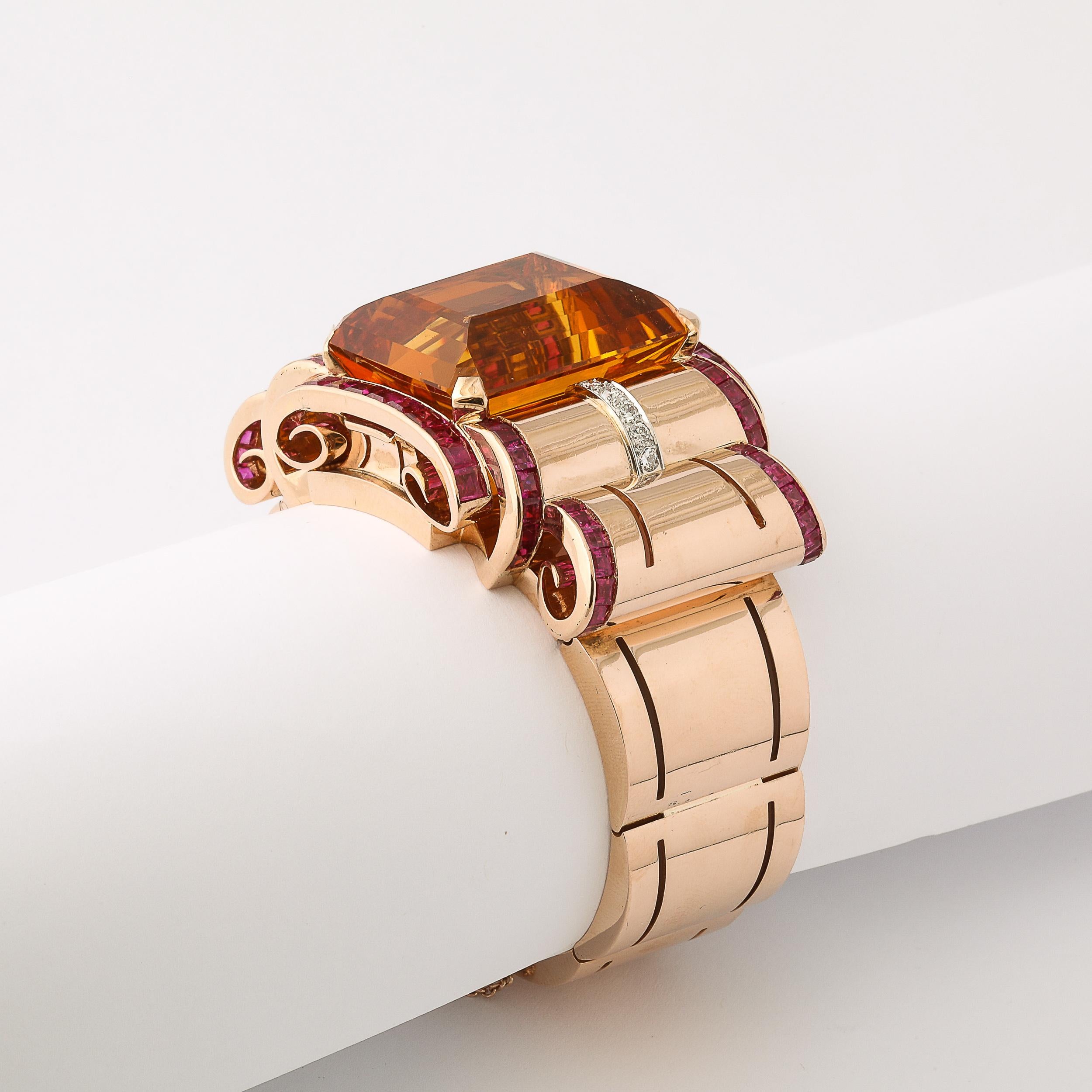 Bracciale retrò Art Deco in oro 14 carati con citrino, rubini e diamanti in vendita 7