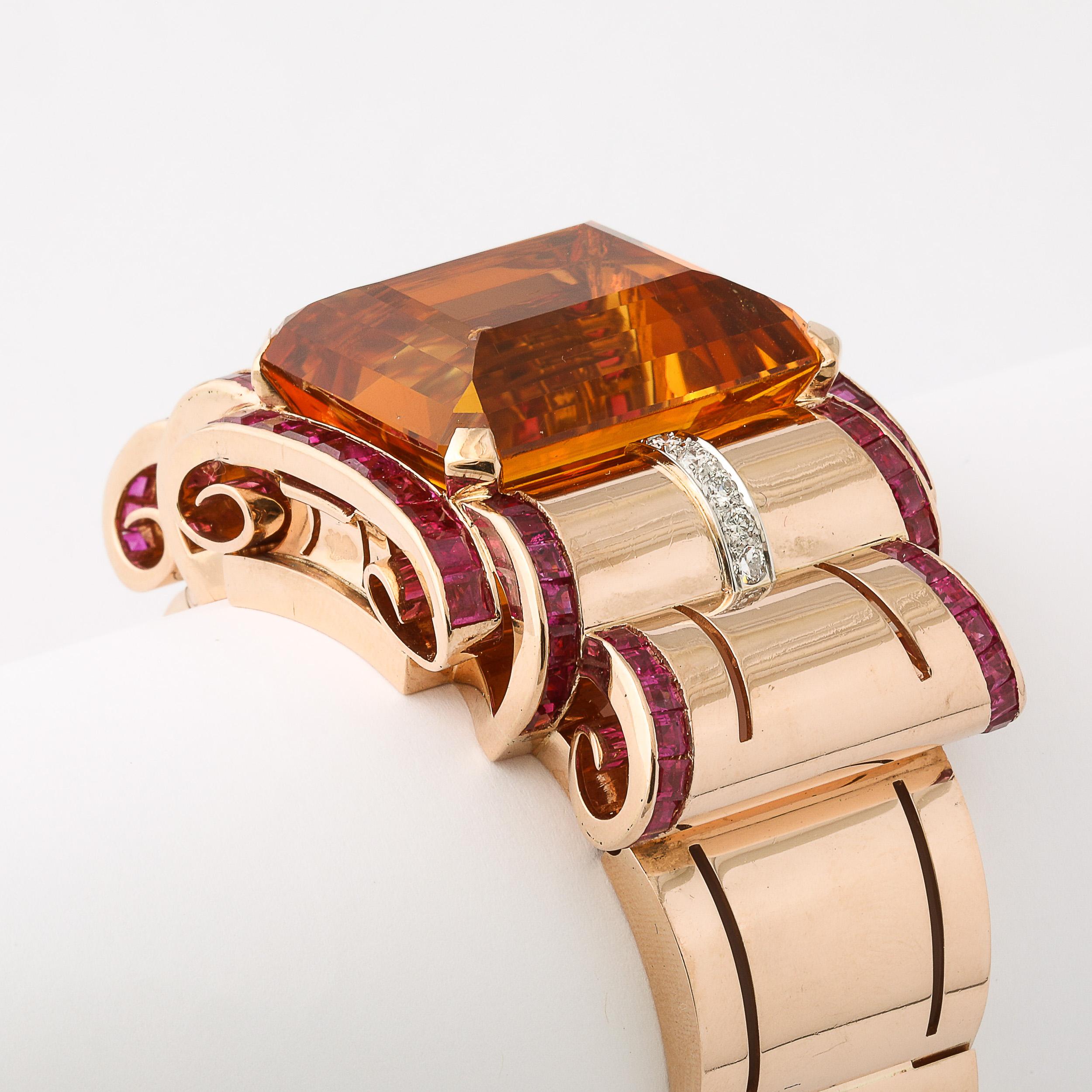 Bracciale retrò Art Deco in oro 14 carati con citrino, rubini e diamanti in vendita 8