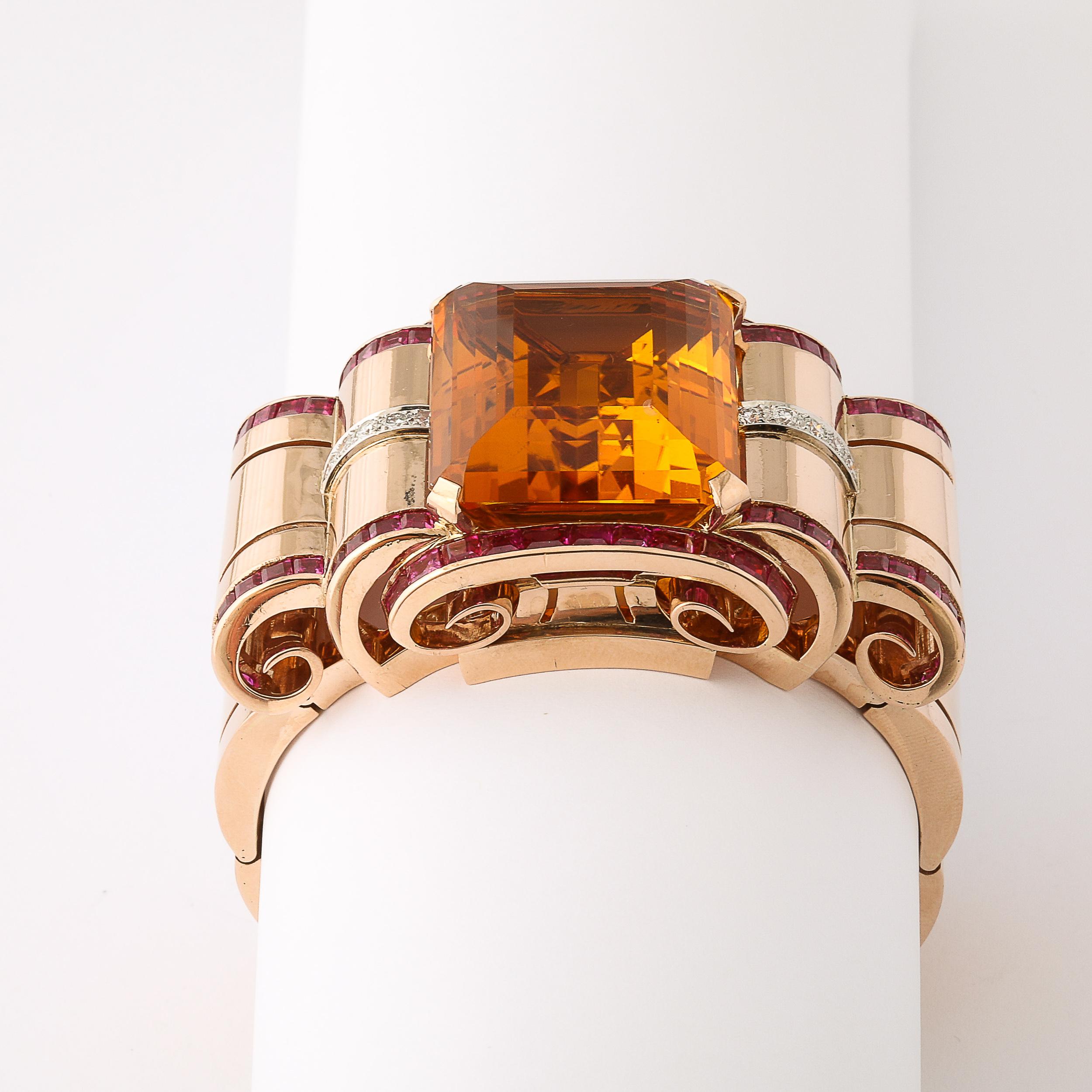 Bracciale retrò Art Deco in oro 14 carati con citrino, rubini e diamanti in vendita 9