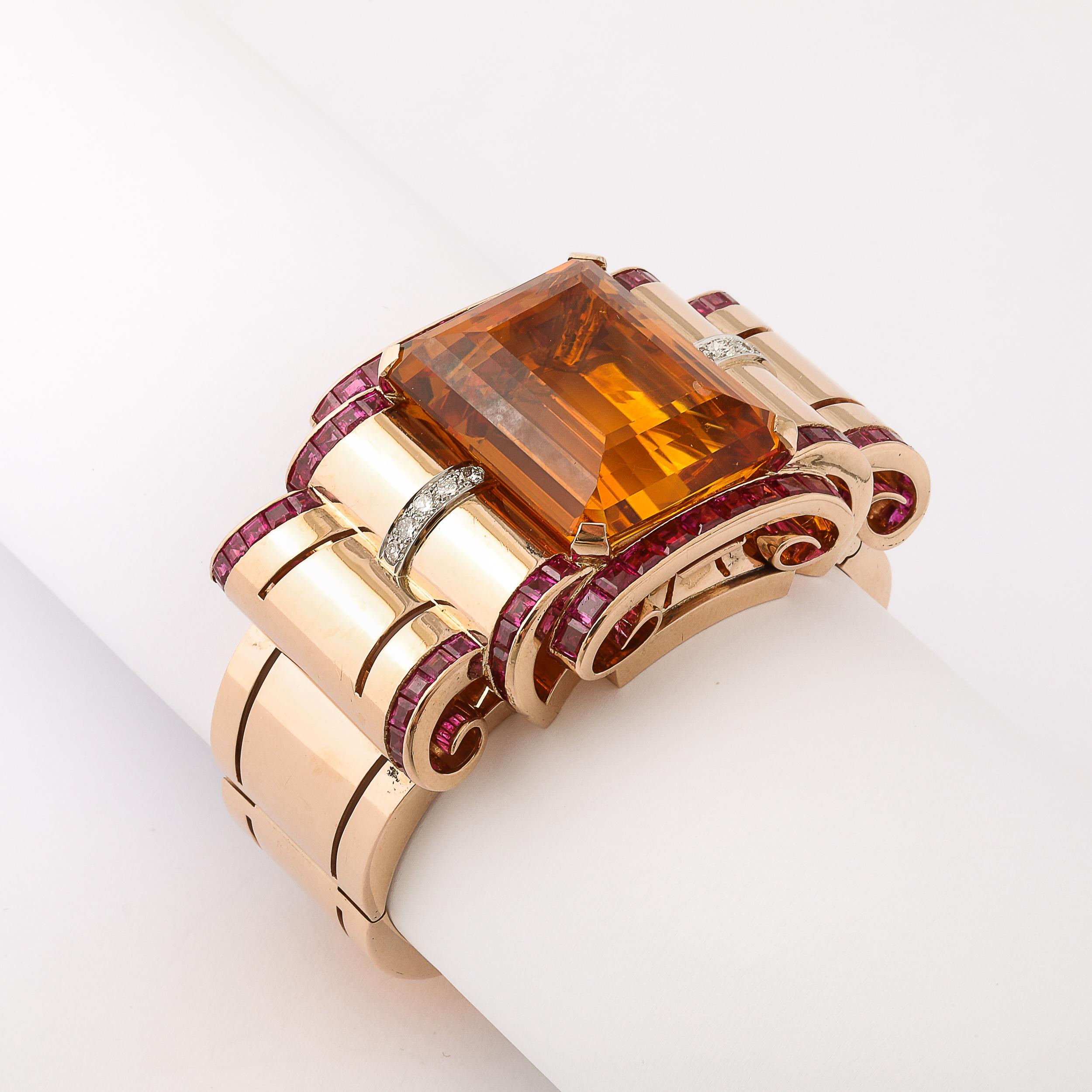 Bracciale retrò Art Deco in oro 14 carati con citrino, rubini e diamanti in vendita 10