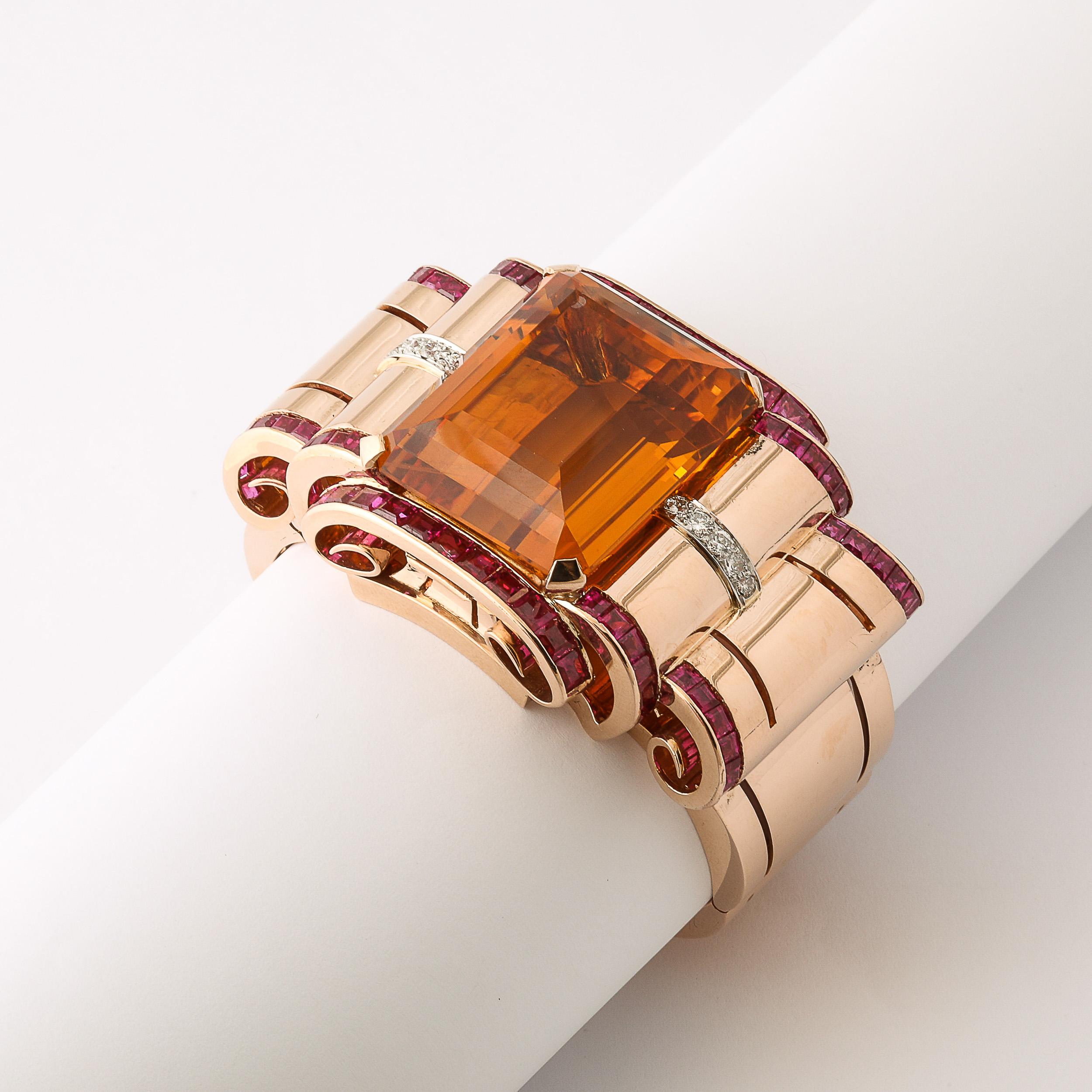 Bracciale retrò Art Deco in oro 14 carati con citrino, rubini e diamanti in vendita 11