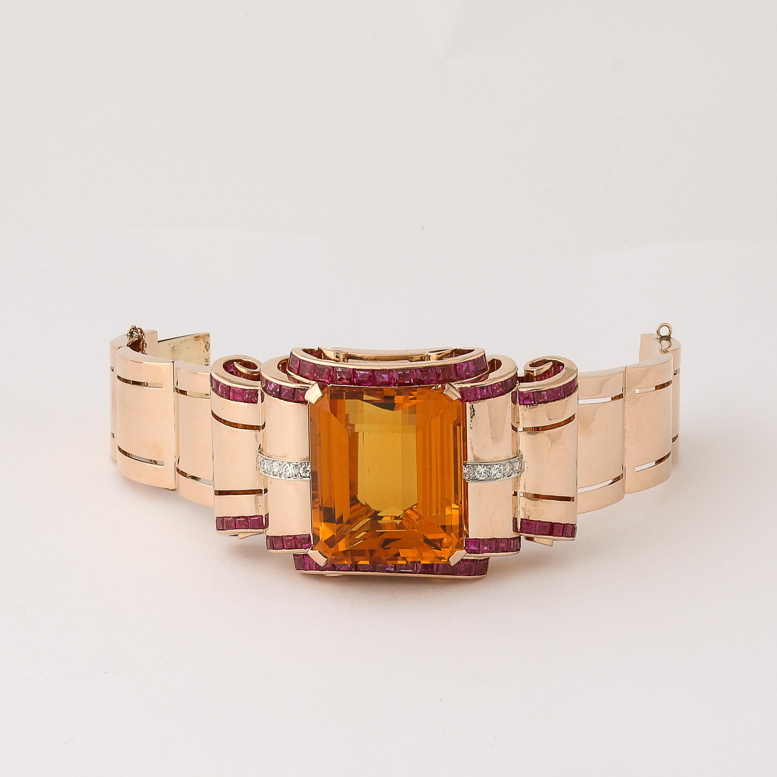 Bracciale retrò Art Deco in oro 14 carati con citrino, rubini e diamanti in vendita 12