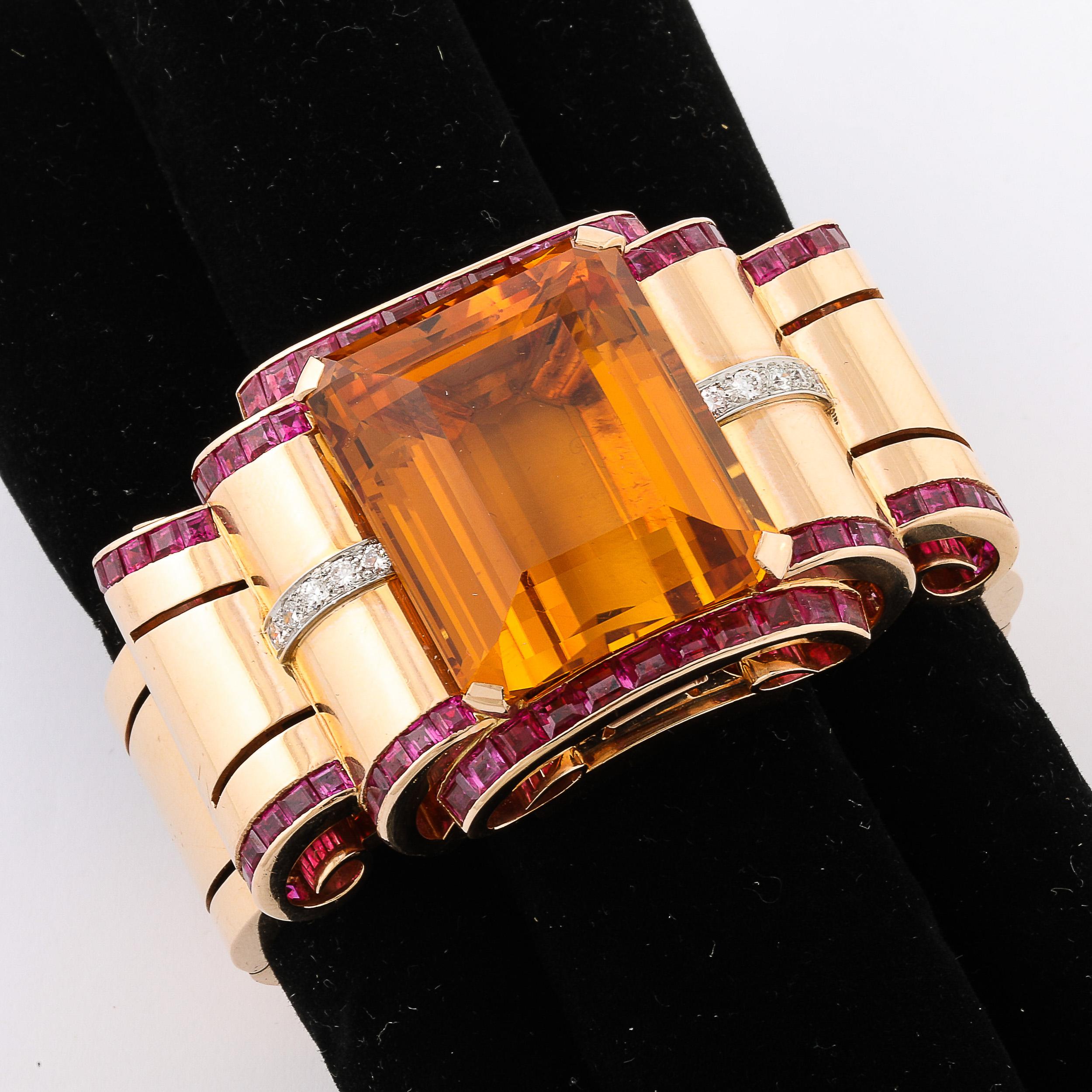 Round Cut Retro Art Deco Cuff Bracelet in 14Karat Gold w/ Citrine, Rubies, and Diamonds For Sale