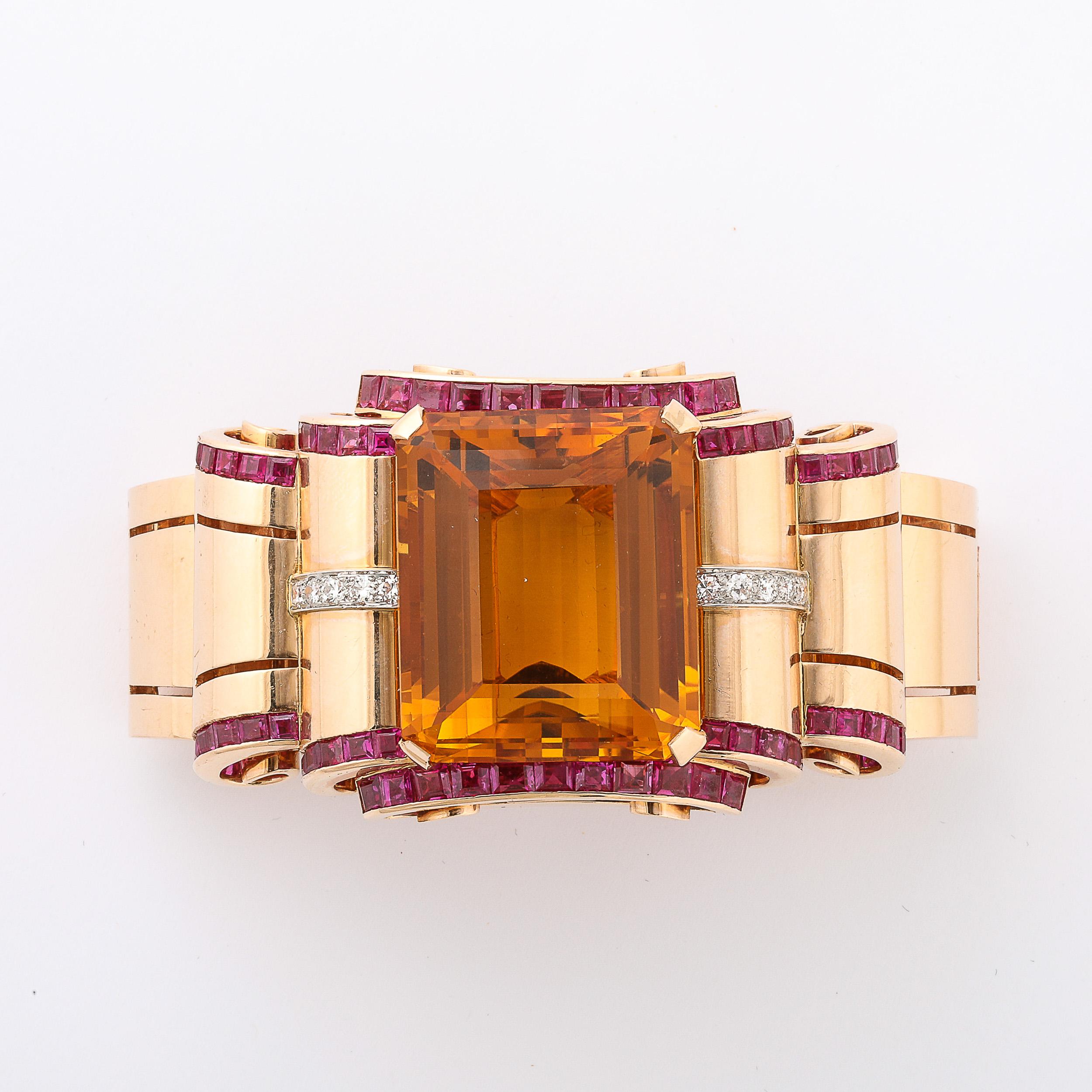 Retro Art Deco Cuff Bracelet in 14Karat Gold w/ Citrine, Rubies, and Diamonds In Excellent Condition For Sale In New York, NY