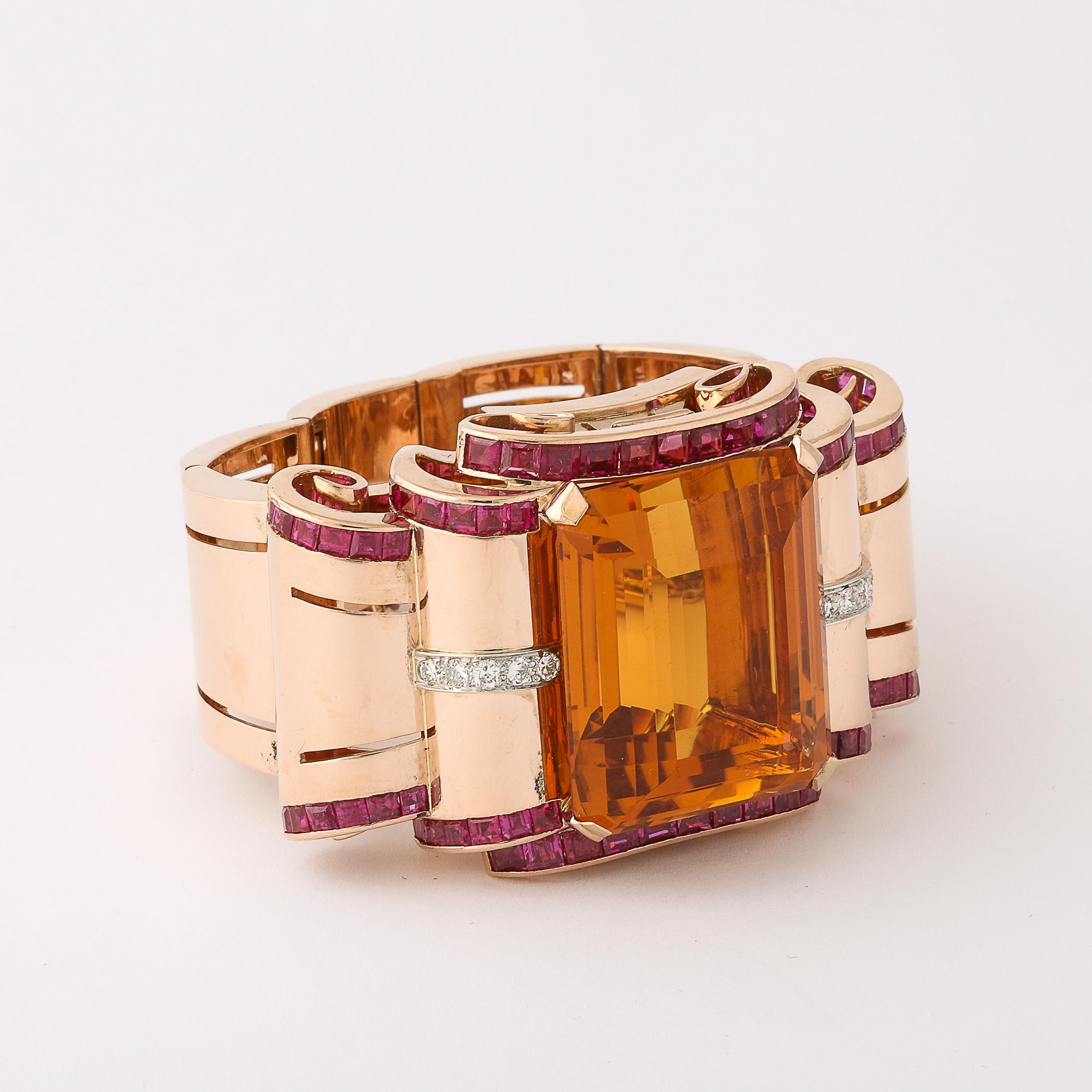 Bracciale retrò Art Deco in oro 14 carati con citrino, rubini e diamanti In condizioni ottime in vendita a New York, NY