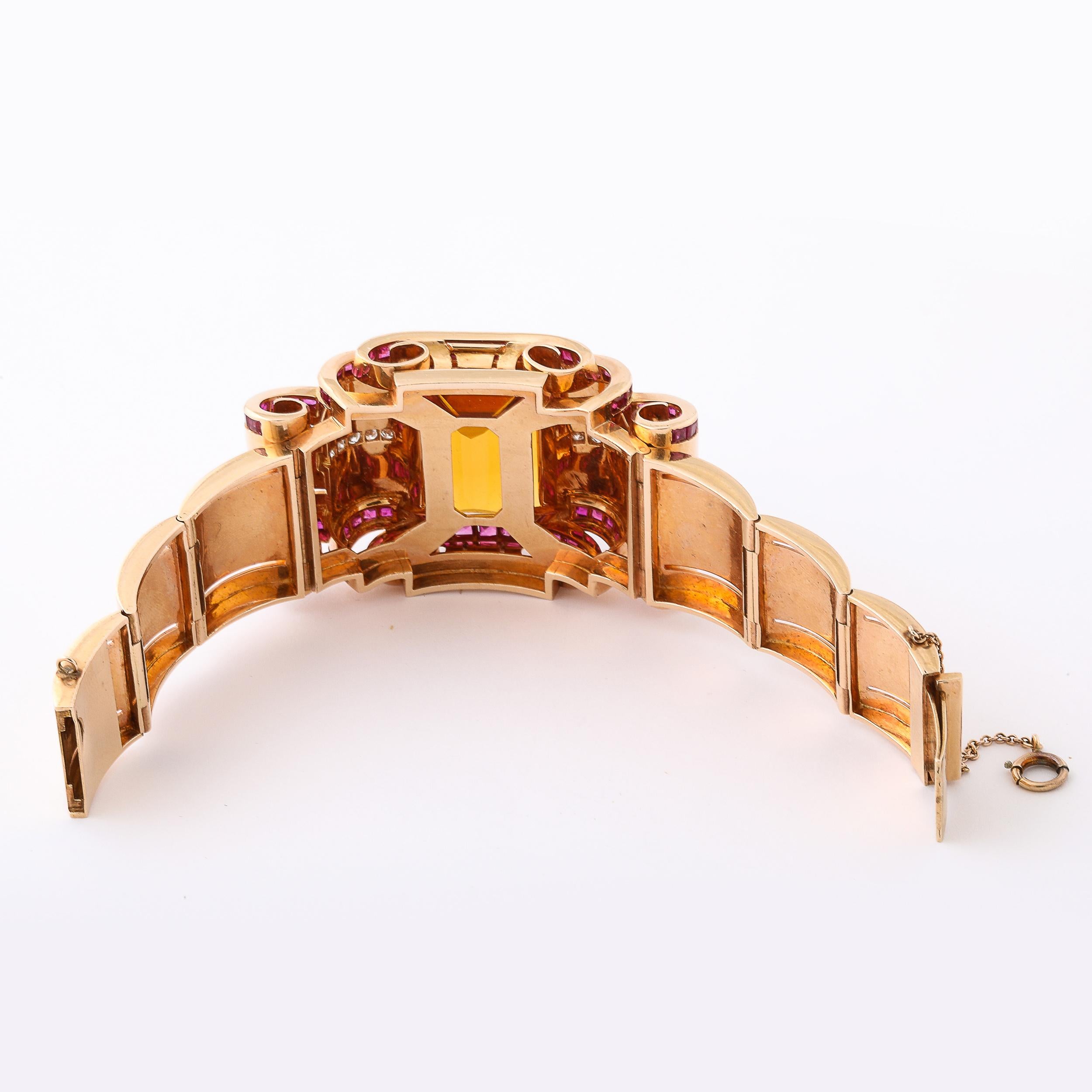Retro Art Deco Cuff Bracelet in 14Karat Gold w/ Citrine, Rubies, and Diamonds For Sale 1