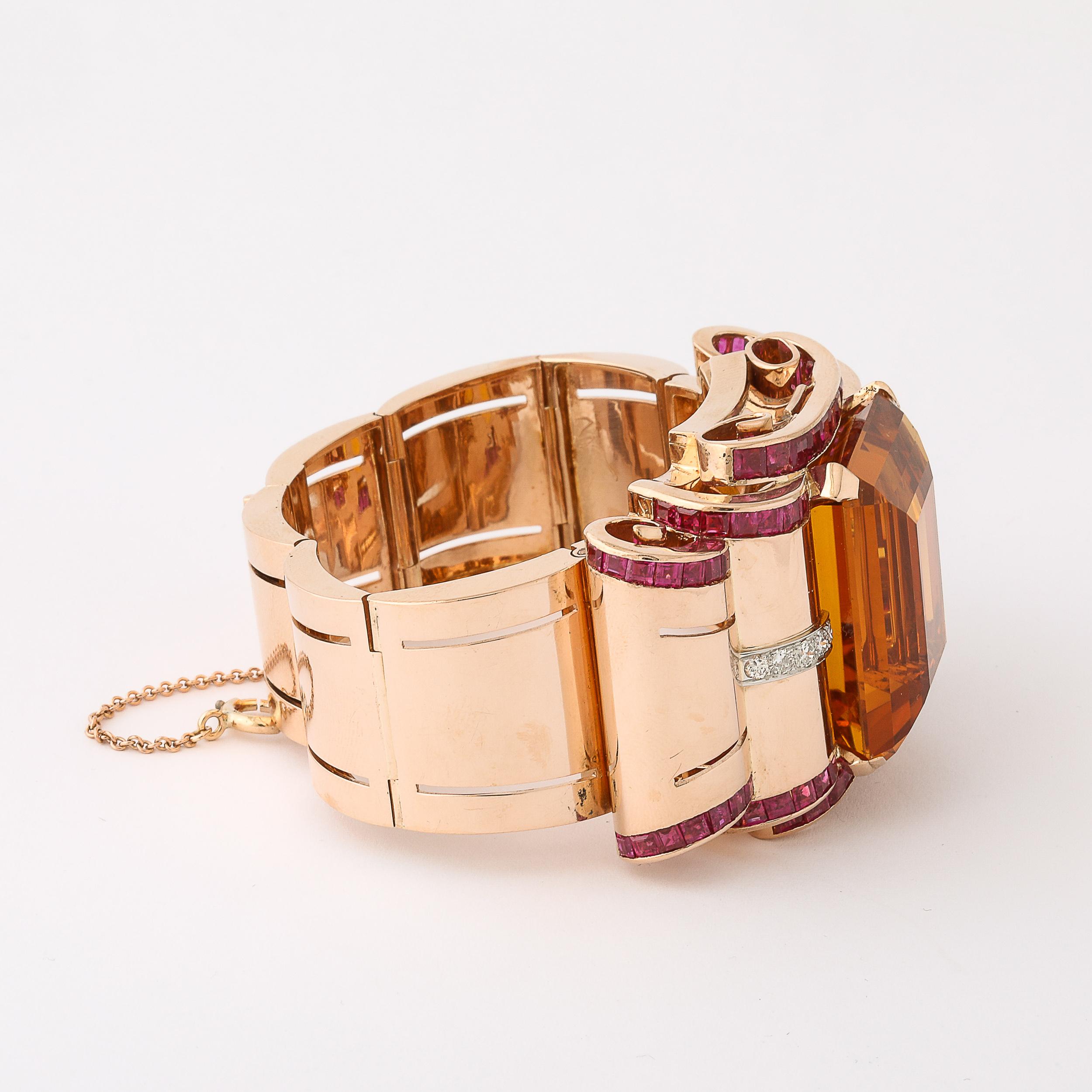 da uomo o donna Bracciale retrò Art Deco in oro 14 carati con citrino, rubini e diamanti in vendita
