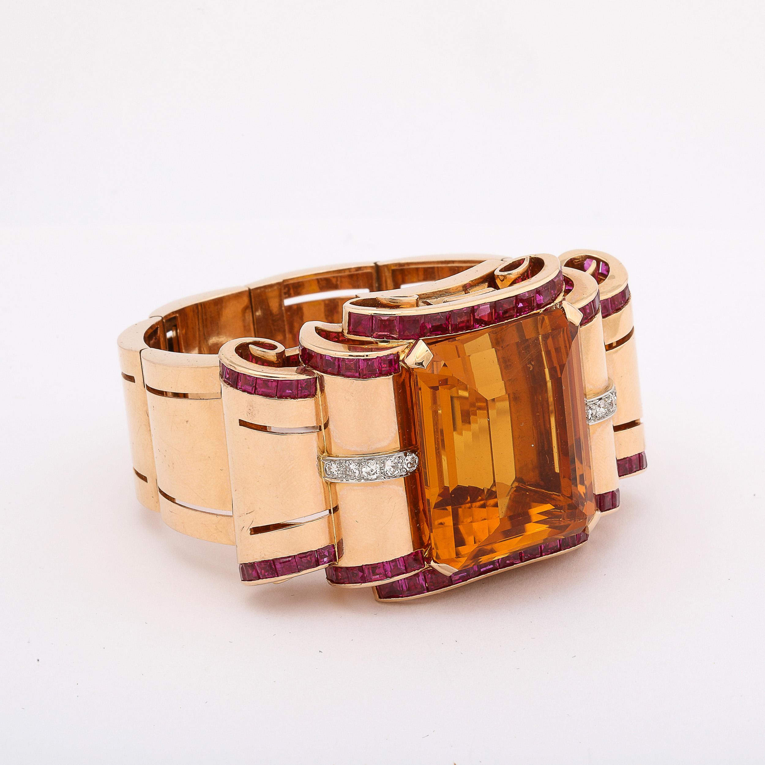 Retro Art Deco Cuff Bracelet in 14Karat Gold w/ Citrine, Rubies, and Diamonds For Sale 2