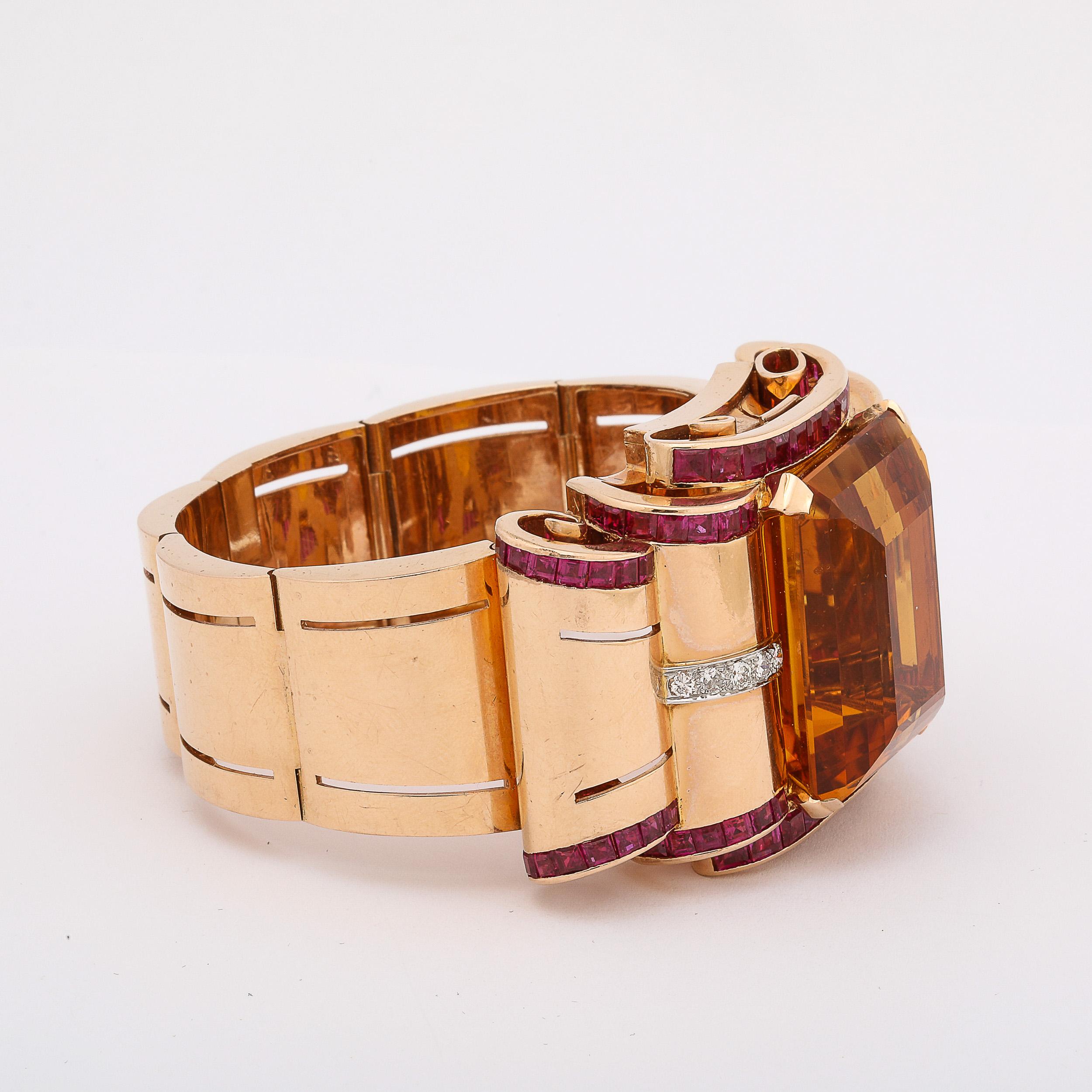 Retro Art Deco Cuff Bracelet in 14Karat Gold w/ Citrine, Rubies, and Diamonds For Sale 3