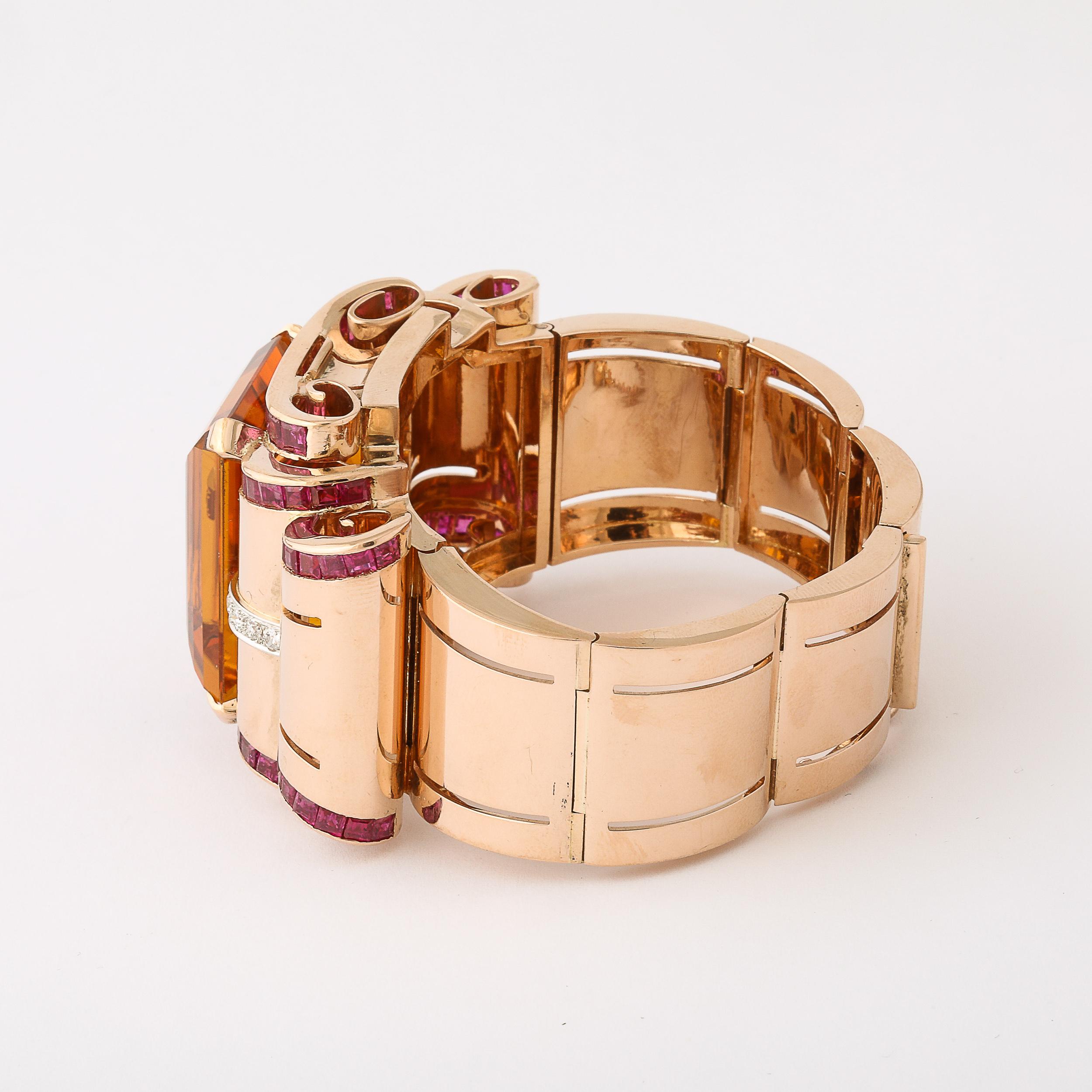 Bracciale retrò Art Deco in oro 14 carati con citrino, rubini e diamanti in vendita 2