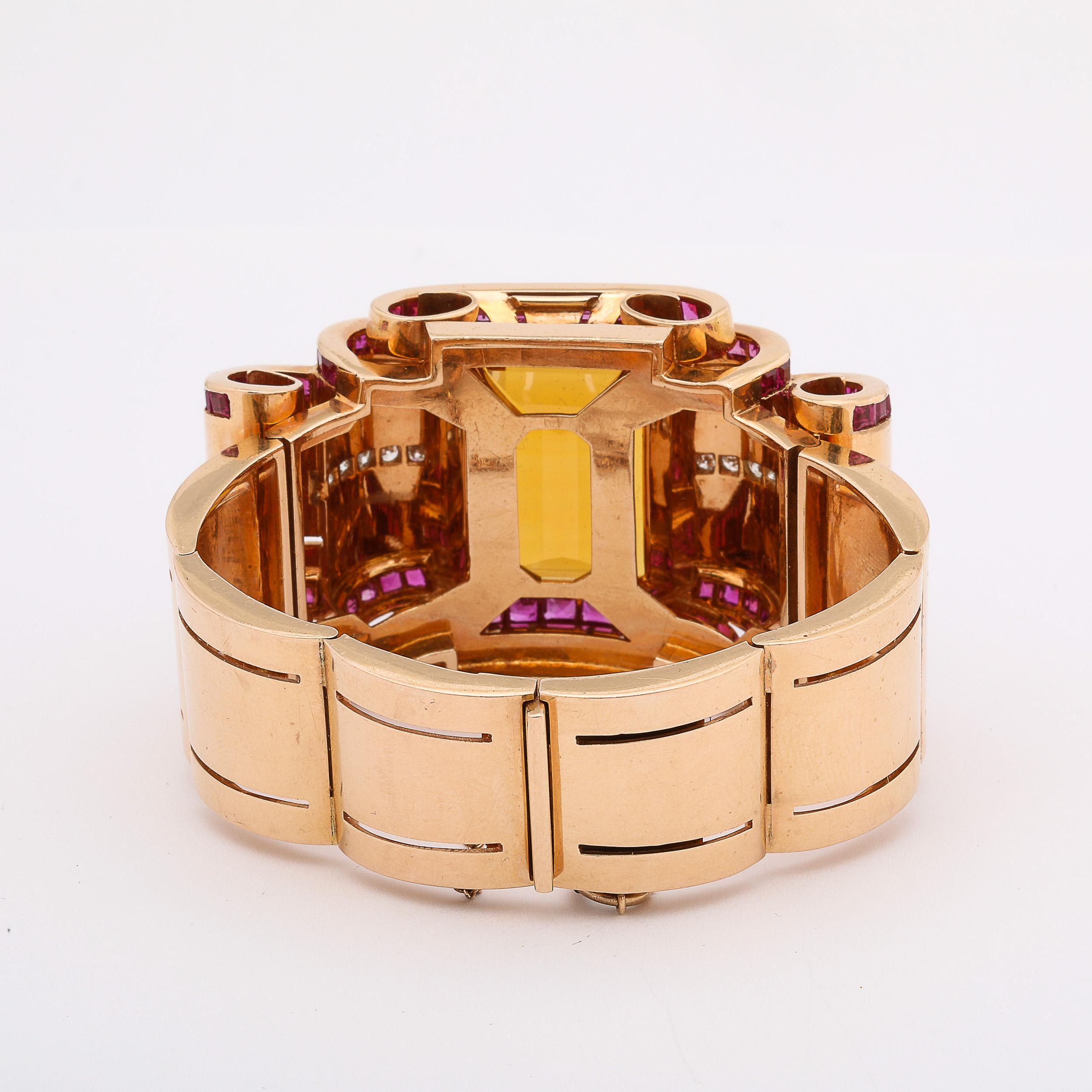 Retro Art Deco Cuff Bracelet in 14Karat Gold w/ Citrine, Rubies, and Diamonds For Sale 4