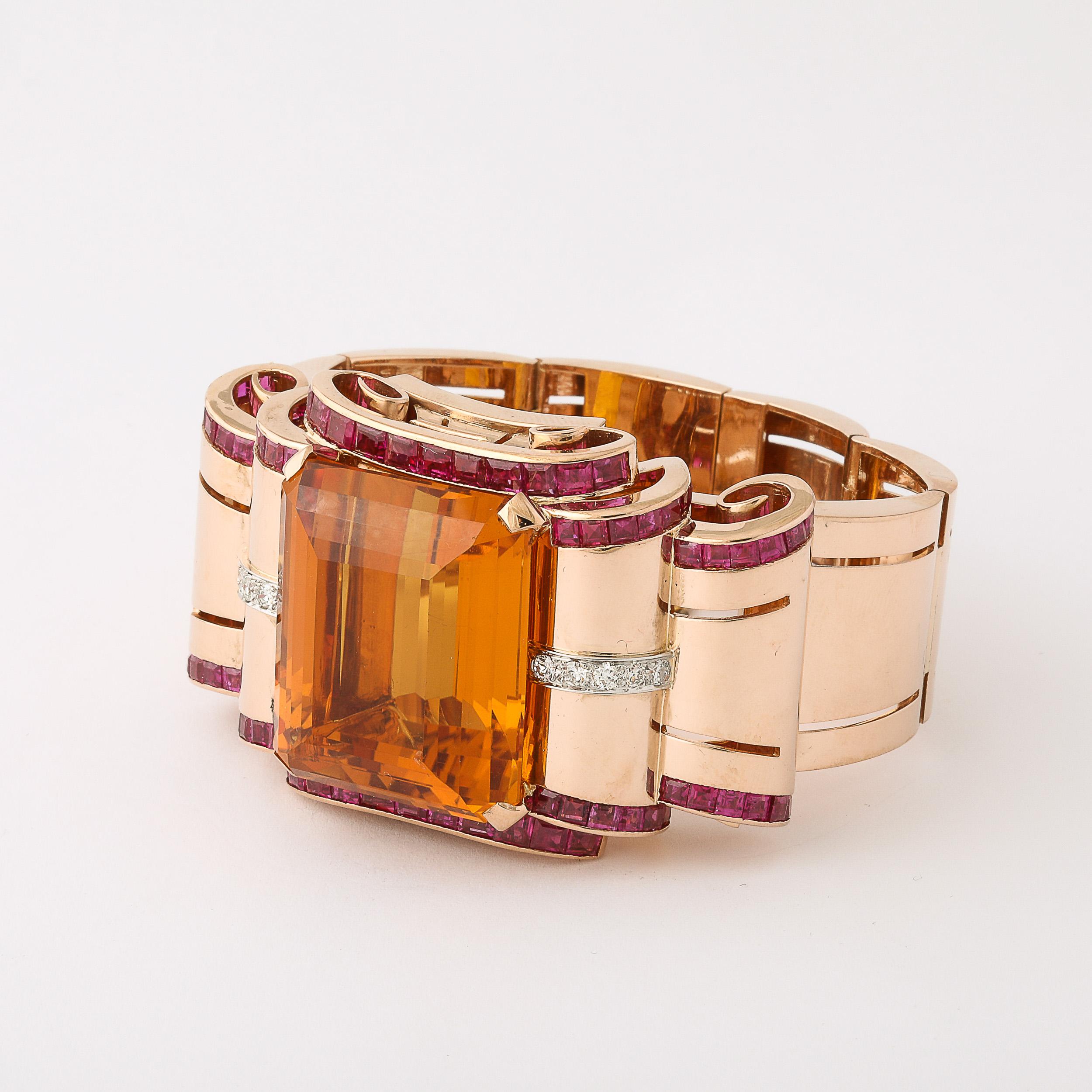 Bracciale retrò Art Deco in oro 14 carati con citrino, rubini e diamanti in vendita 3