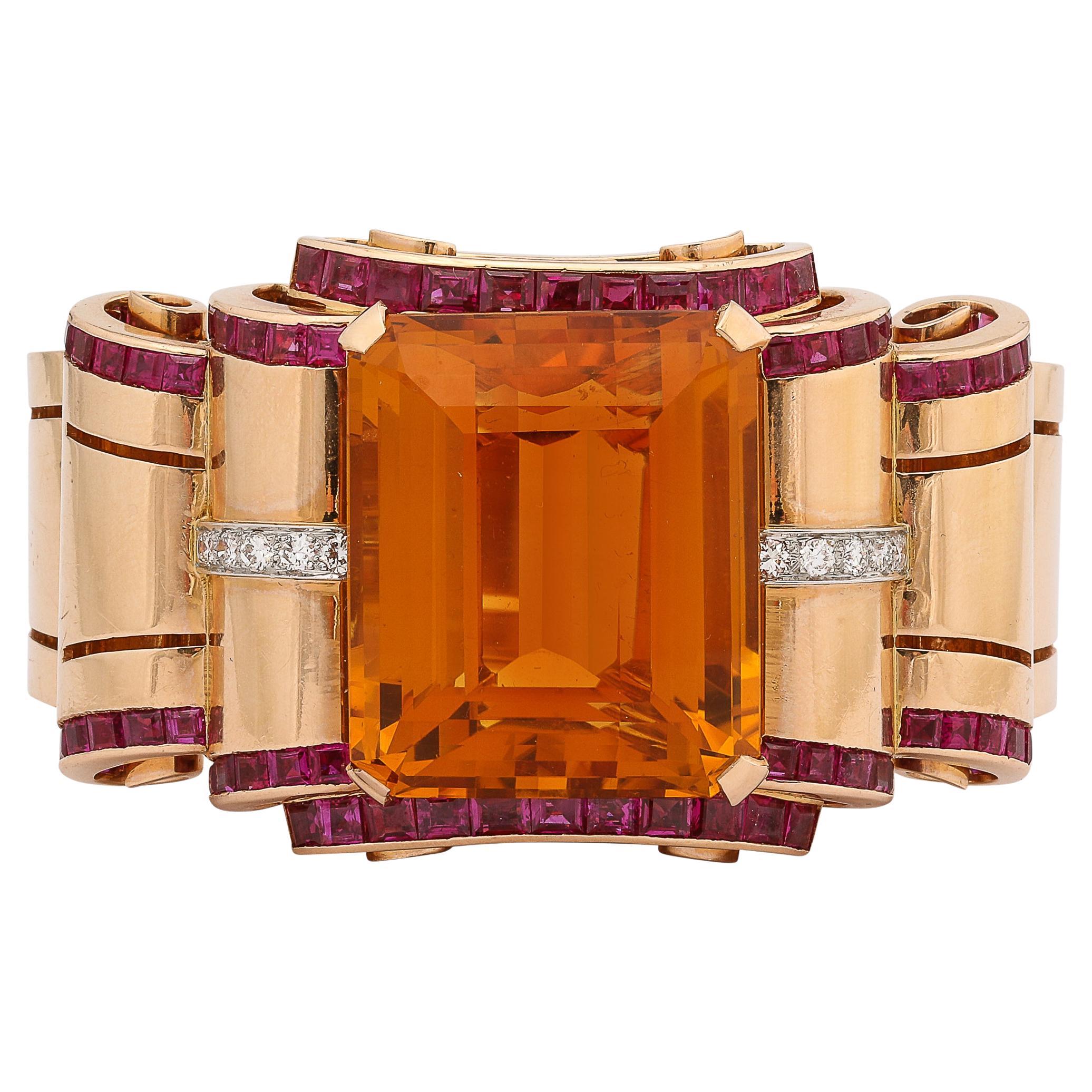 Retro Art Deco Cuff Bracelet in 14Karat Gold w/ Citrine, Rubies, and Diamonds For Sale