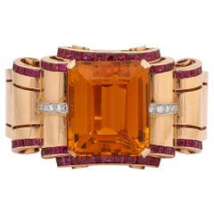 Pulsera Retro Art Decó de Oro de 14 Quilates con Citrino, Rubíes y Diamantes
