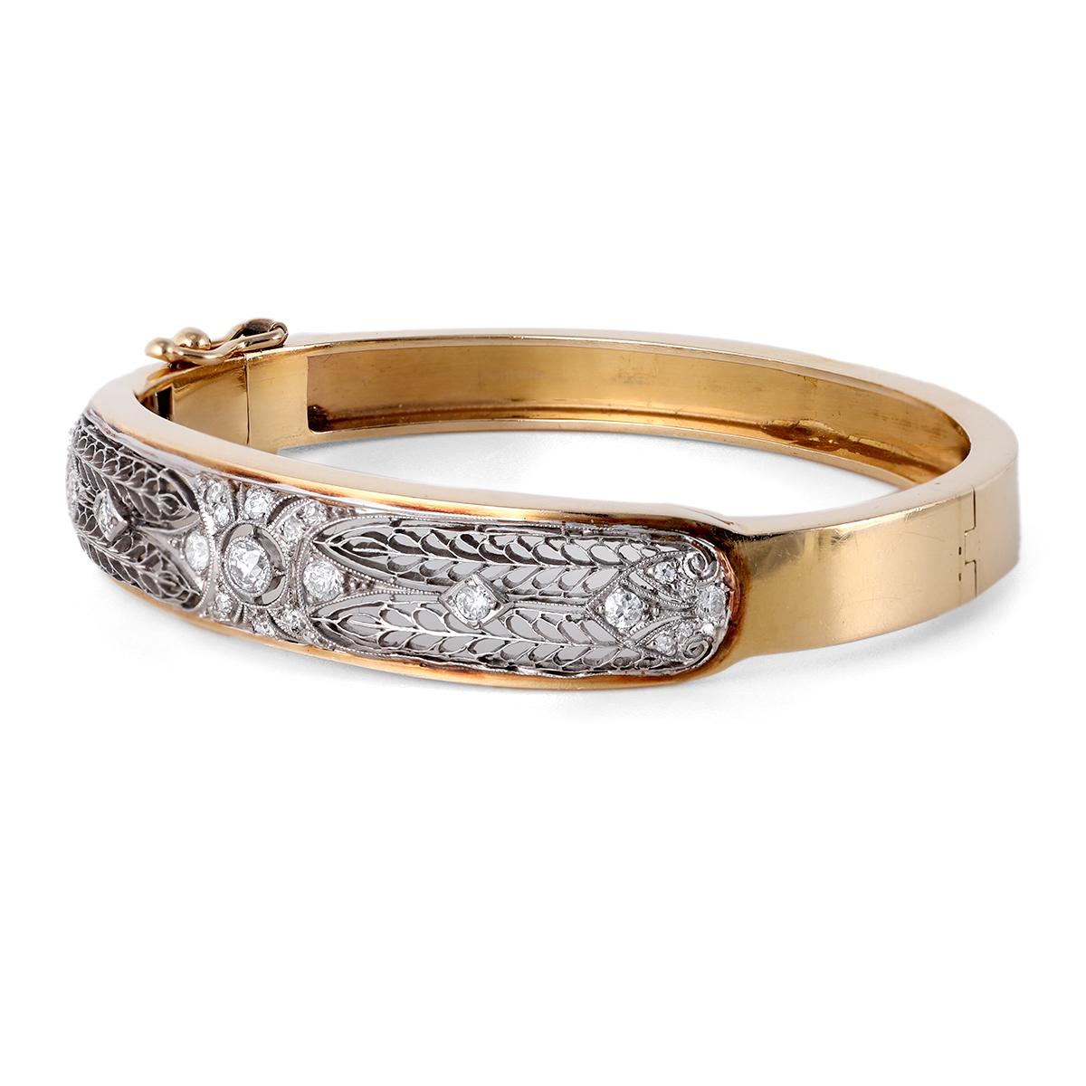 Women's or Men's Retro Art Deco Diamond Platinum 14k Yellow Gold Hinged Bracelet