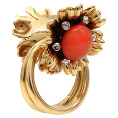 Retro Articulated Double Floret Coral and Diamond Ring in 18kt Yellow Gold