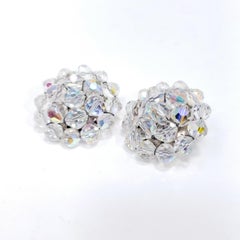 Retro Aurora Borealis Crystal Cluster Clip On Earrings, Silver, Late 1900s