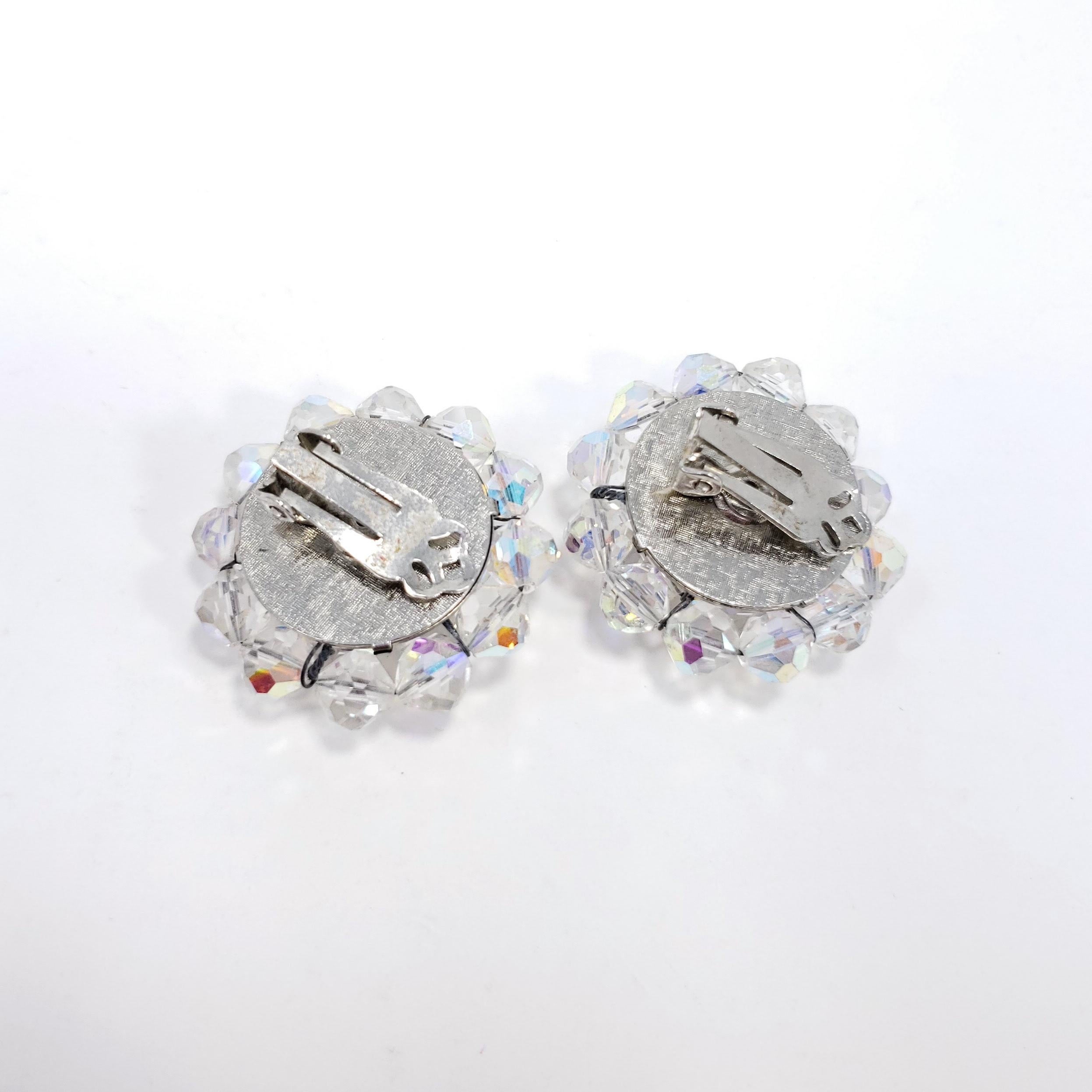 Retro Aurora Borealis Crystal Cluster Clip On Earrings, Silver, Late 1900s In Excellent Condition For Sale In Milford, DE