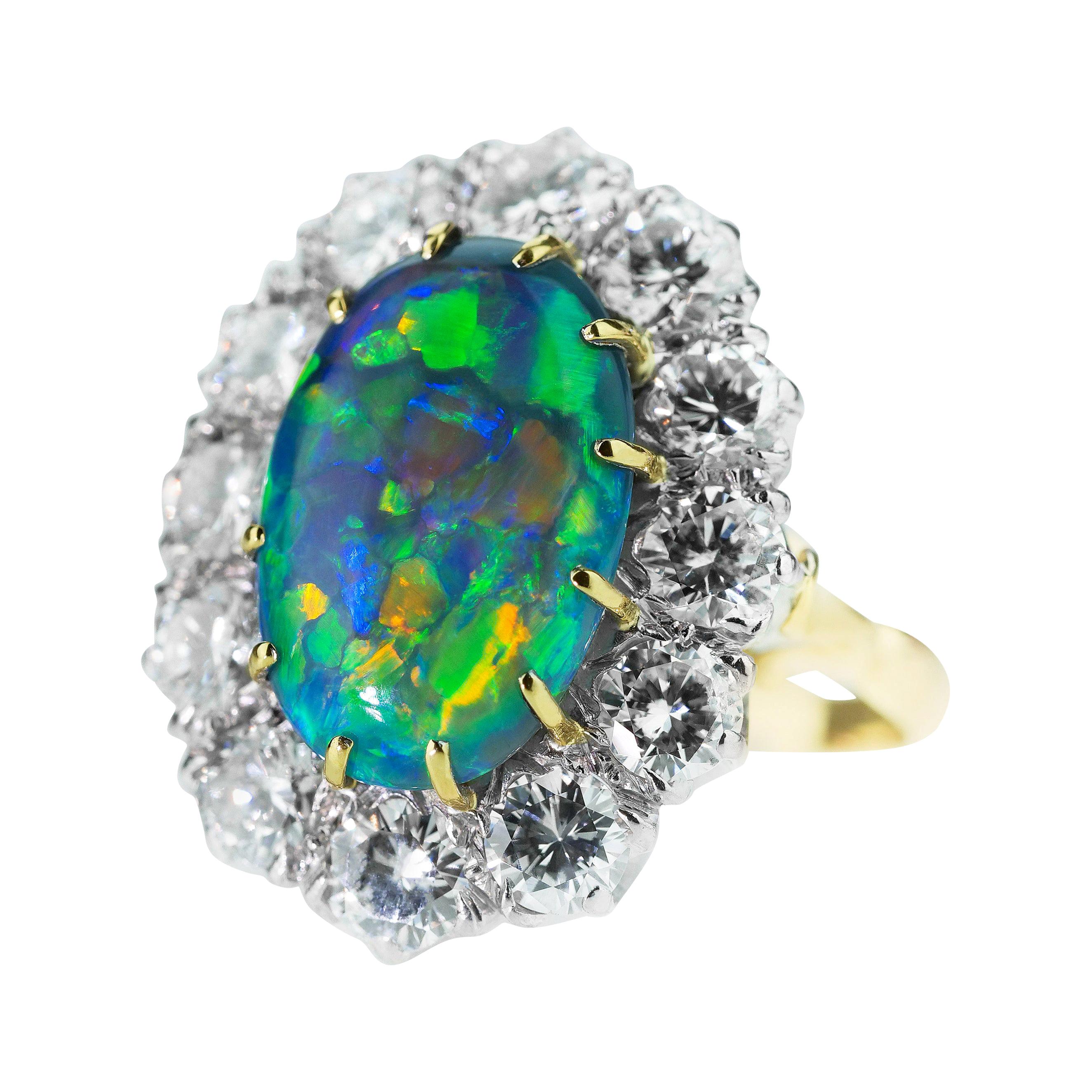 Retro Australian Black Opal, Multicolour & Diamond Cluster Ring in 18 Karat Gold