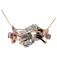 Retro Austrian Diamond Ruby Emerald 14k Tri Color Pendant Necklace