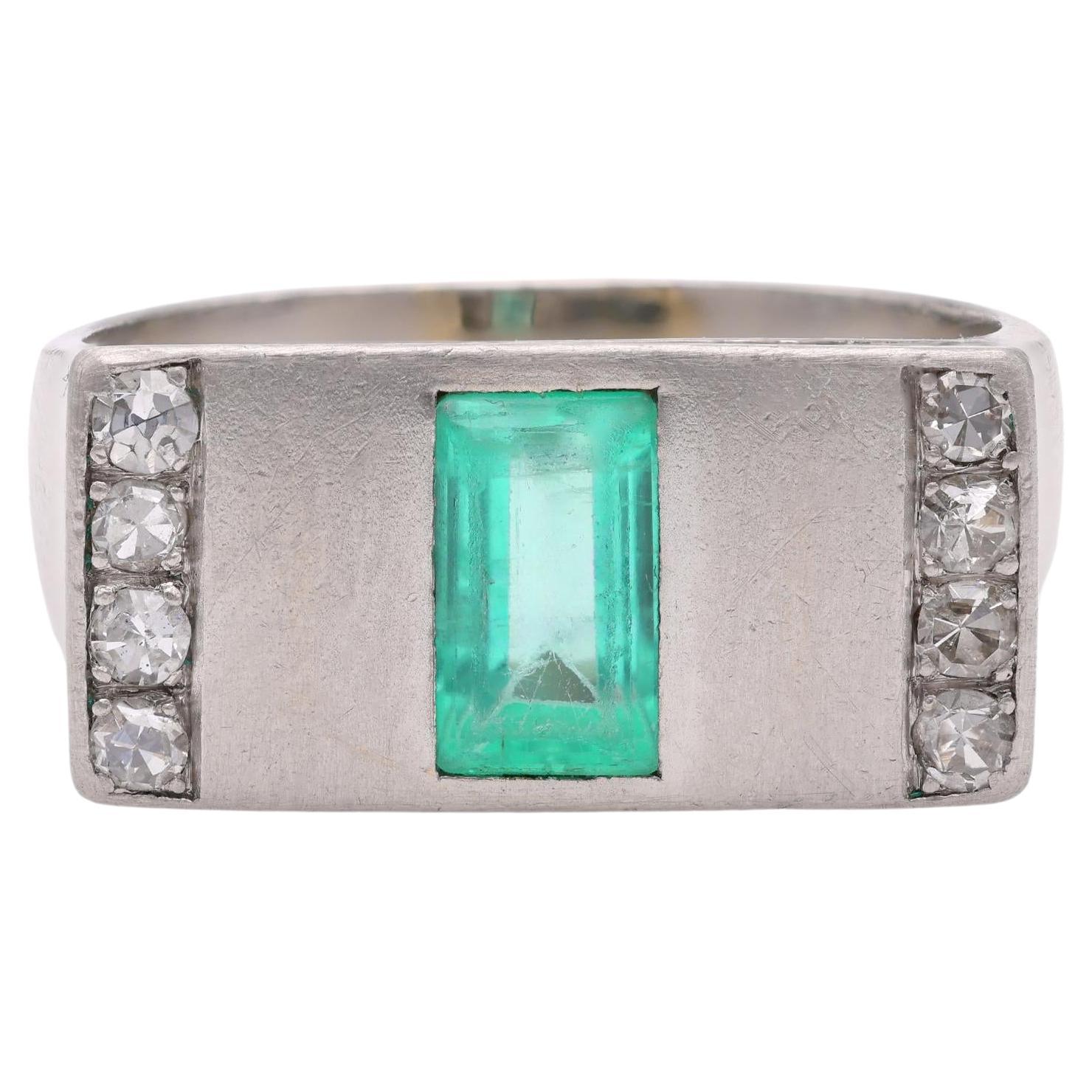 Retro Austrian Emerald Diamond Platinum Ring For Sale
