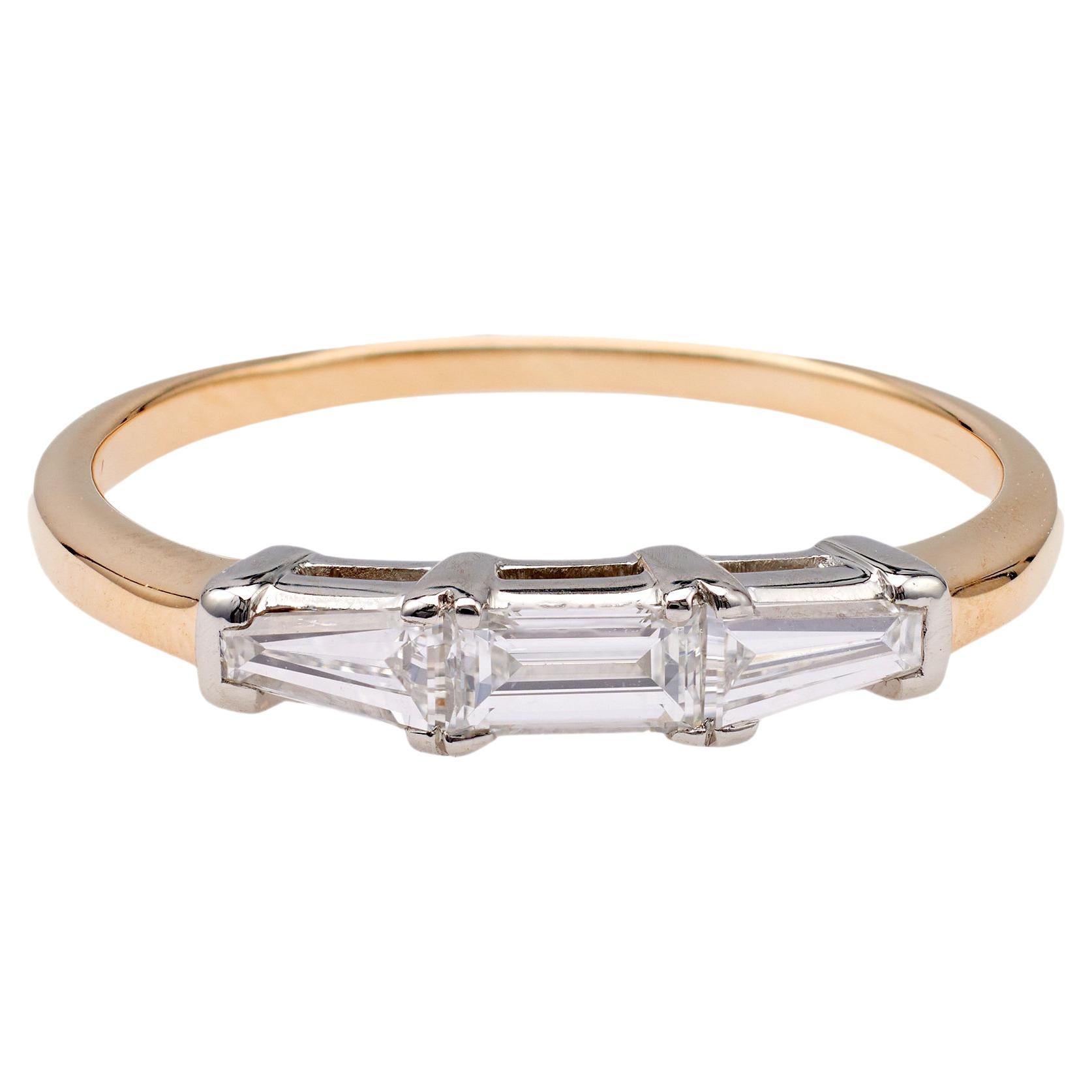 Retro 14k Gelbgold Platinband mit Diamanten im Baguetteschliff