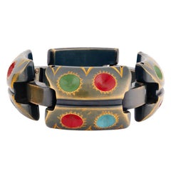 Retro Bakelite Carved Clamper and Link Bracelet Set