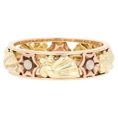 Retro Band Ring, 14k Yellow Gold Vintage Fan Star Seashell Motif 8 - 8 1/4