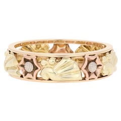 Retro Band Ring, 14k Yellow Gold Vintage Fan Star Seashell Motif
