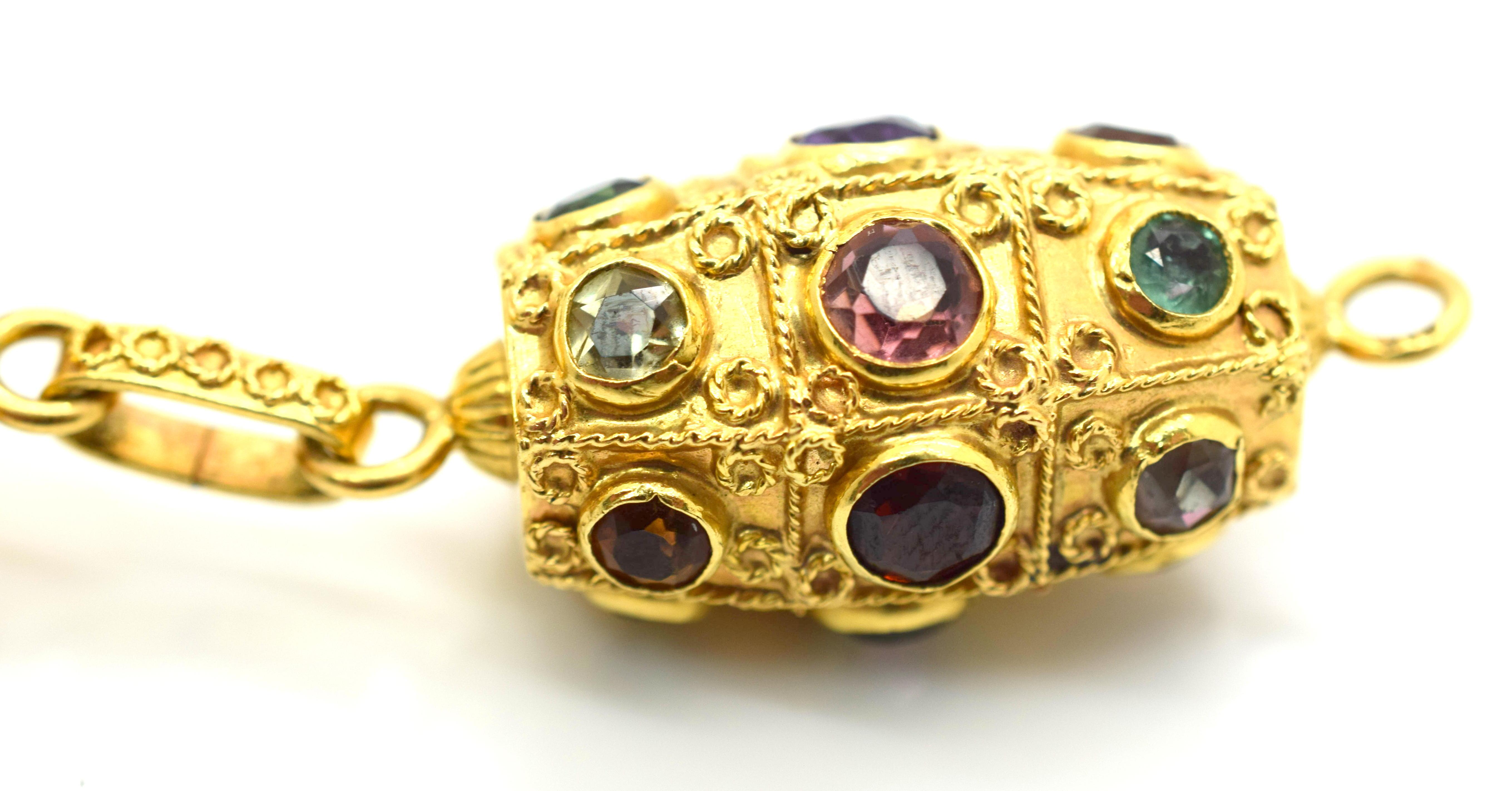 Retro Barrel Link 18 Karat Yellow Gold Bracelet Colored Gemstones Italian In Good Condition In MIAMI, FL