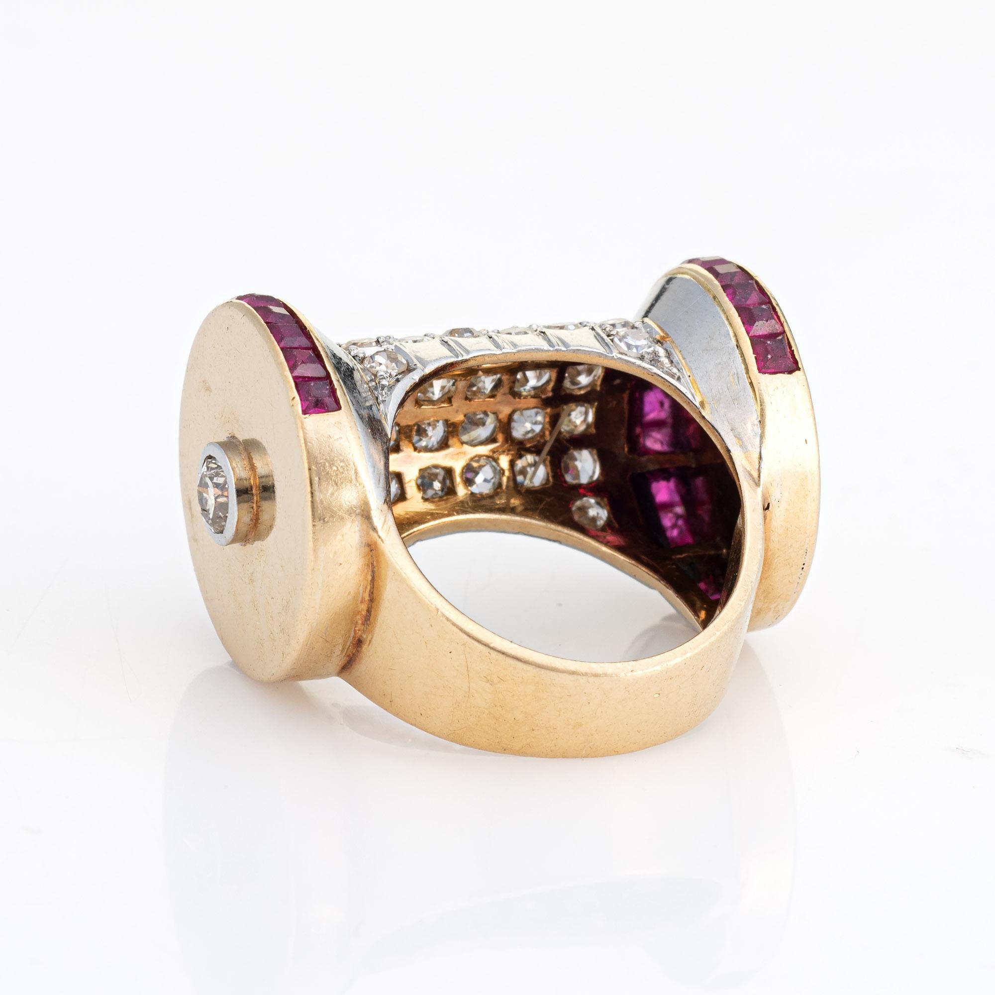 Women's Retro Barrel Ring 1.40ct Diamond Lab Ruby Bold Cocktail Fine Jewelry Sz 6.25 For Sale