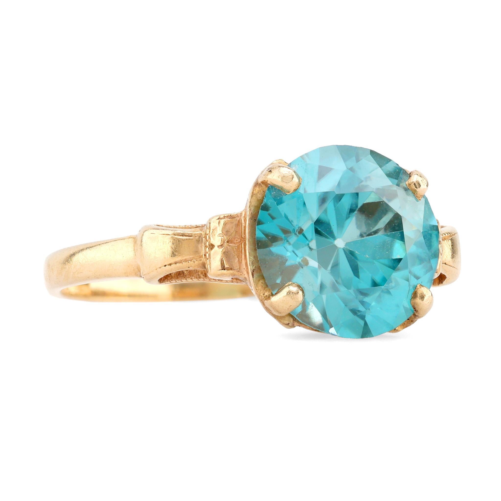 Retro Birks Blauer Zirkon 14K Gelbgold Solitär Verlobungsring (Brillantschliff)
