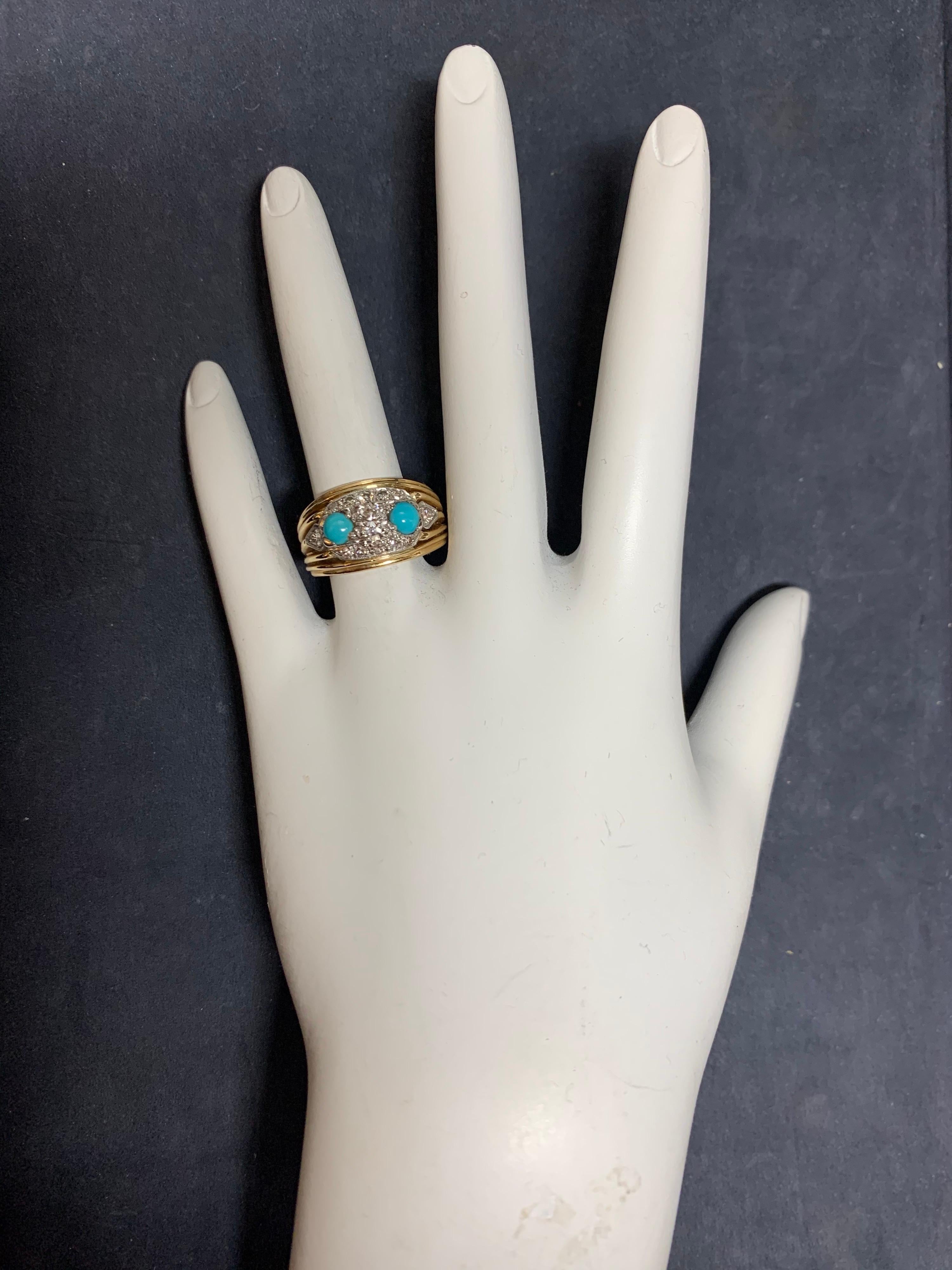 An original Birks Retro 14k Yellow Gold Natural Turquoise and Diamond Cocktail Ring, size 6.25. 

The Ring is set with approximately 0.45 Carats of  Natural Diamonds, approximately F-G in color and VS-SI in clarity. 

Condition is Pre-owned, weighs